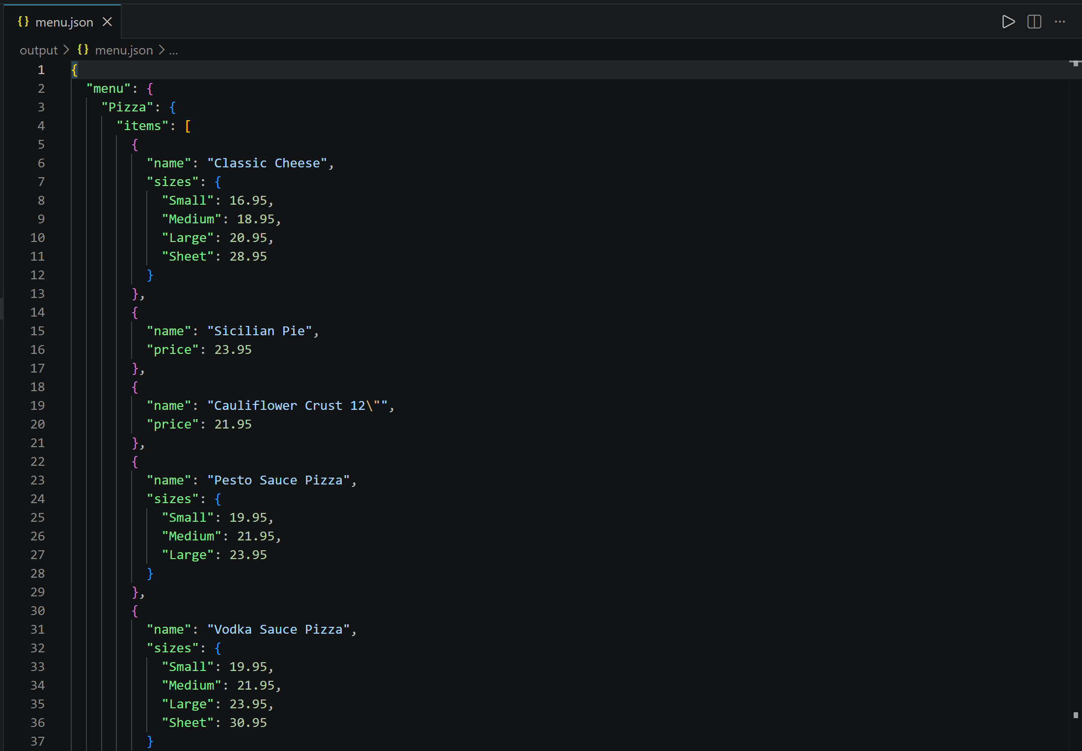 Note how the produced "menu.json" file contains structured info extracted from the visual menu