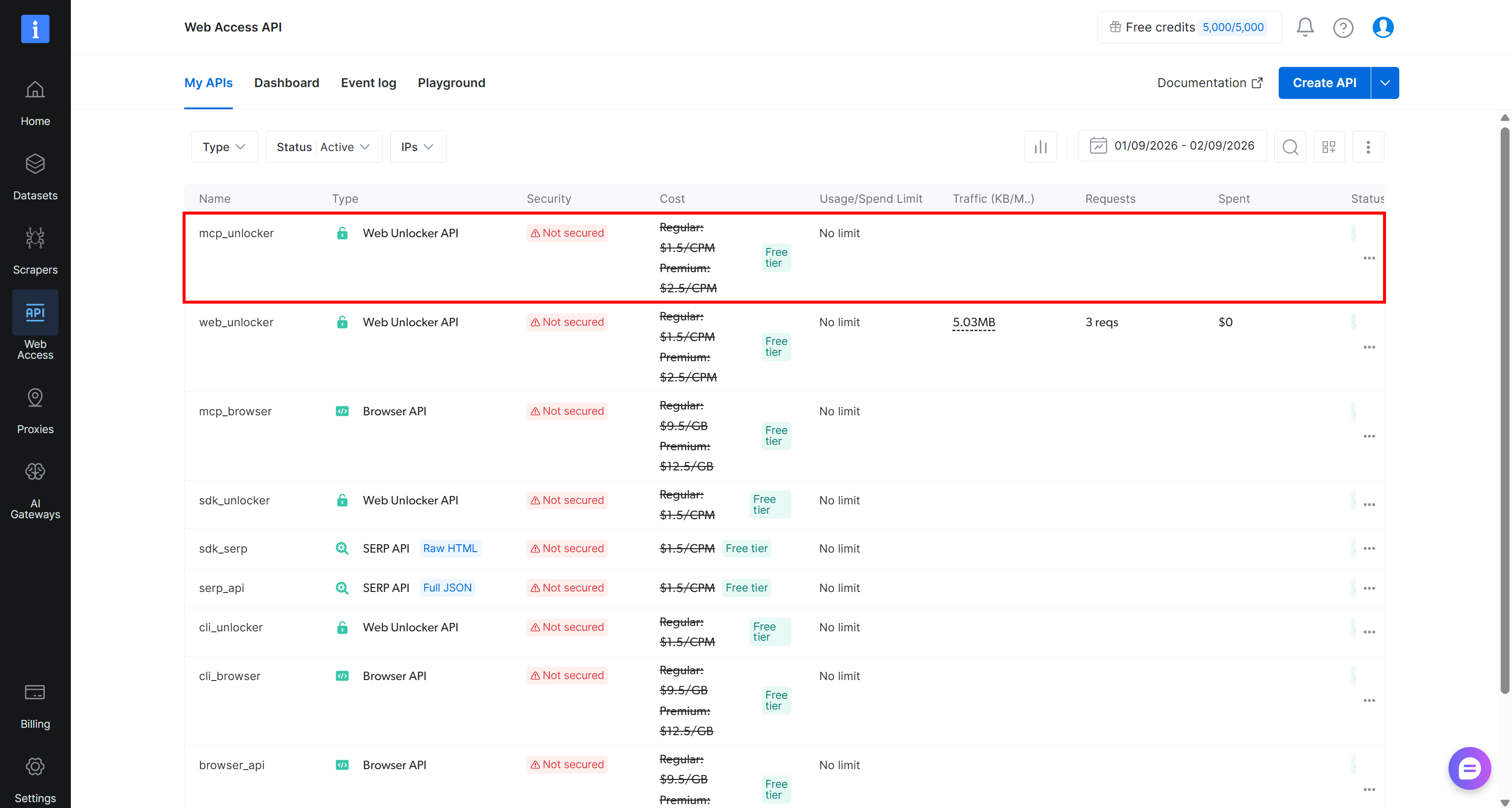 Note the “web_unlocker” API of type “Web Unlocker API”