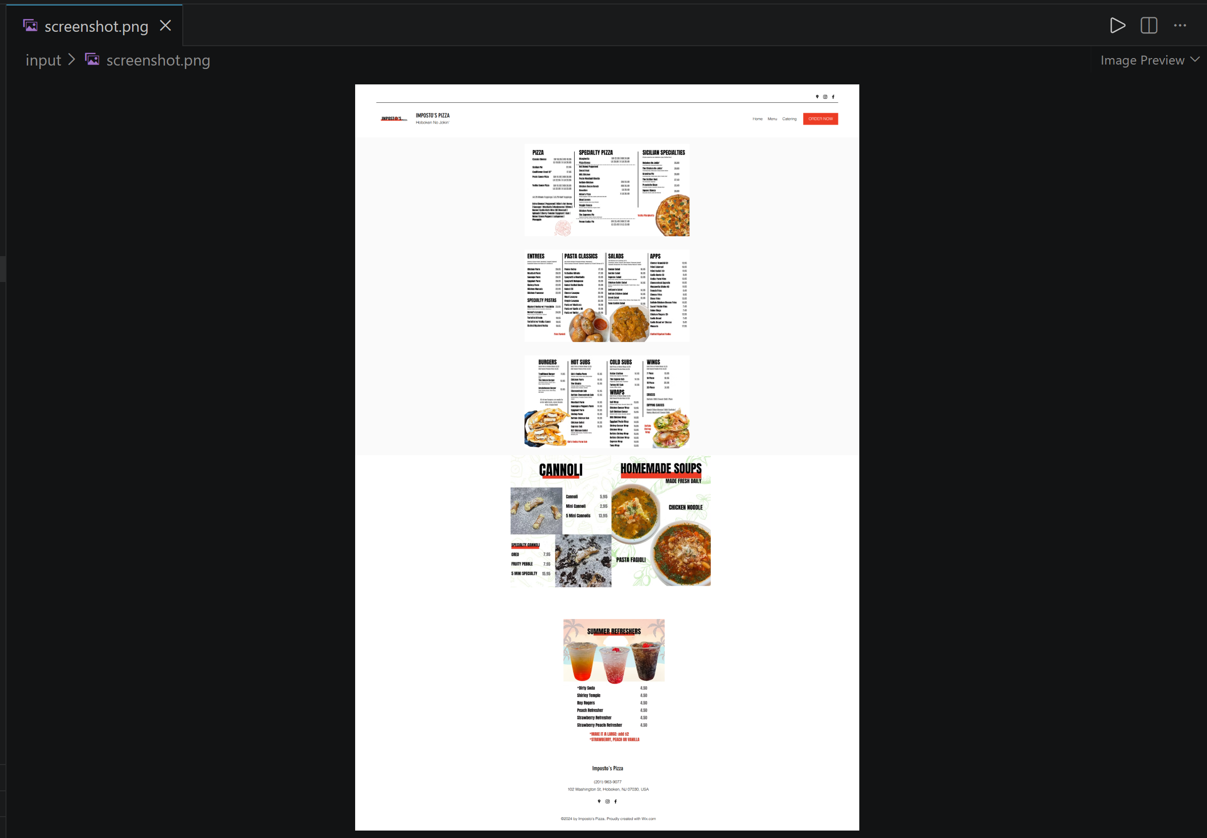 Notice that the full restaurant menu is captured in the page screenshot