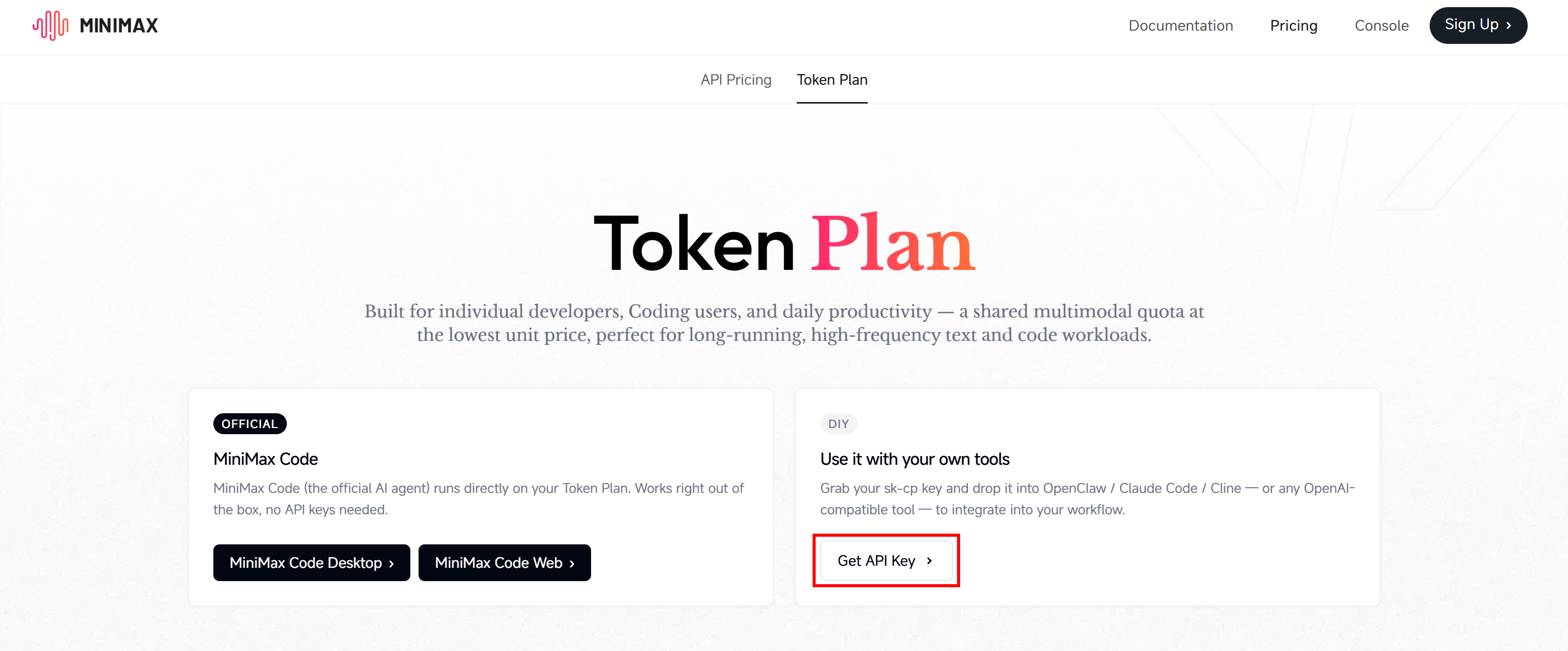 Retrieve your MiniMax API key by clicking the “Get API Key” button