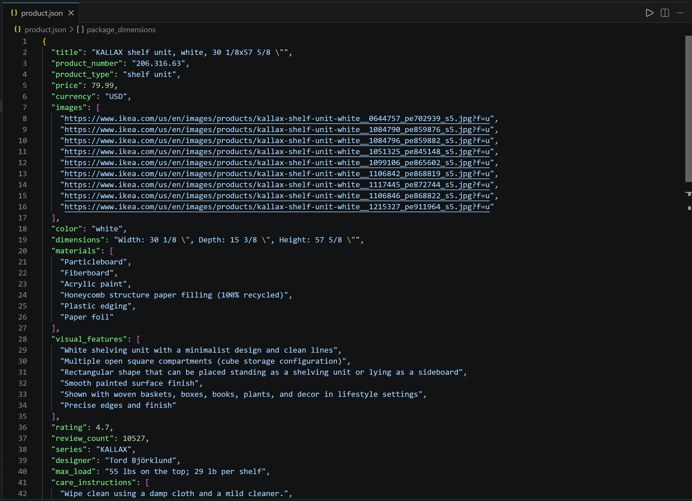 Eine Teilansicht der 'product.json'-Datei mit den via GLM-5.3 gescrapten Daten