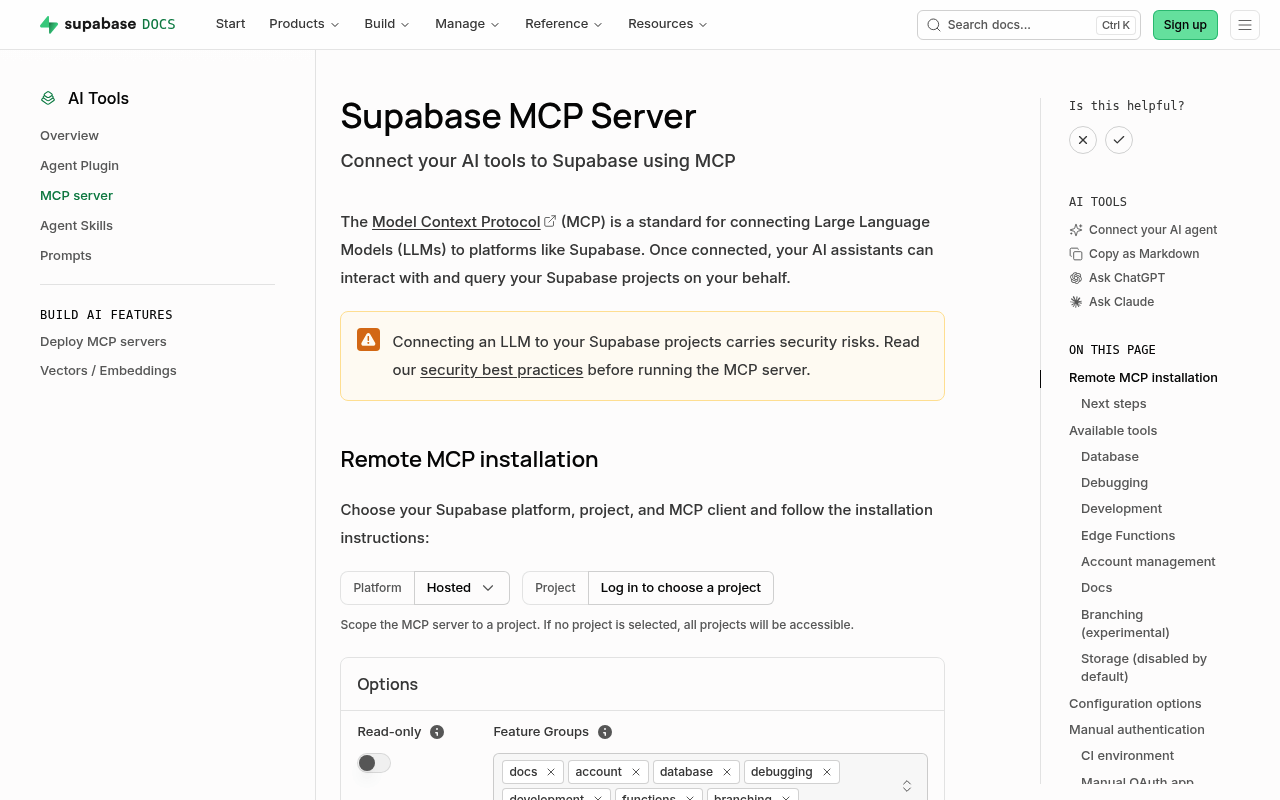 Supabase MCP documentation showing the Claude Code install command and feature groups