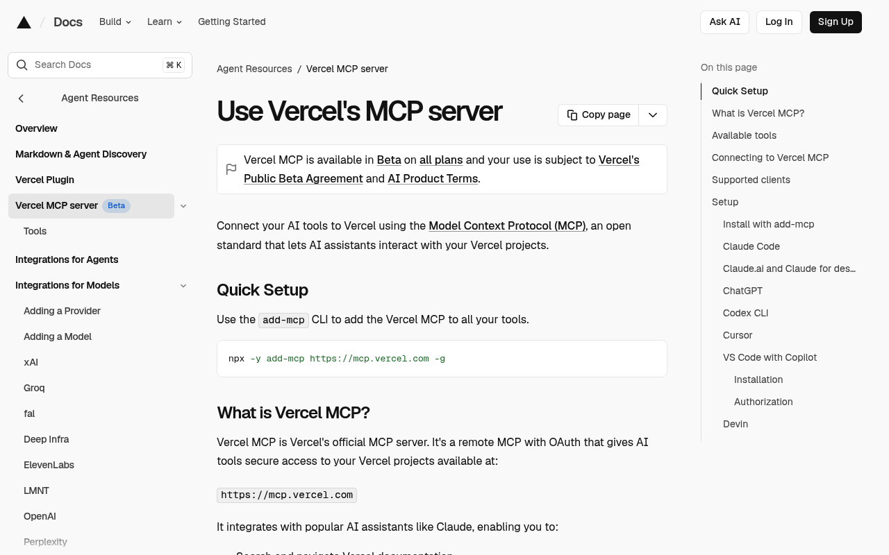 Vercel MCP documentation showing the remote server URL and available tool categories