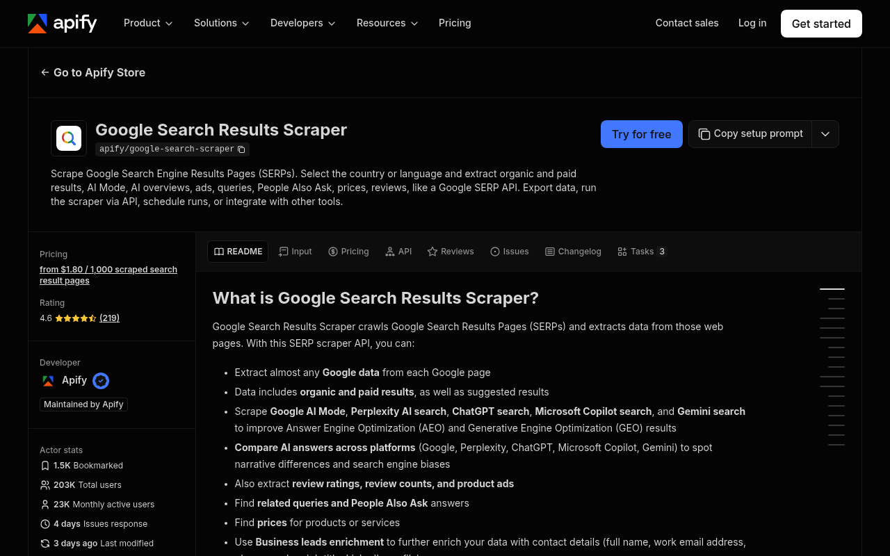 Apify free SERP API plan and pricing page