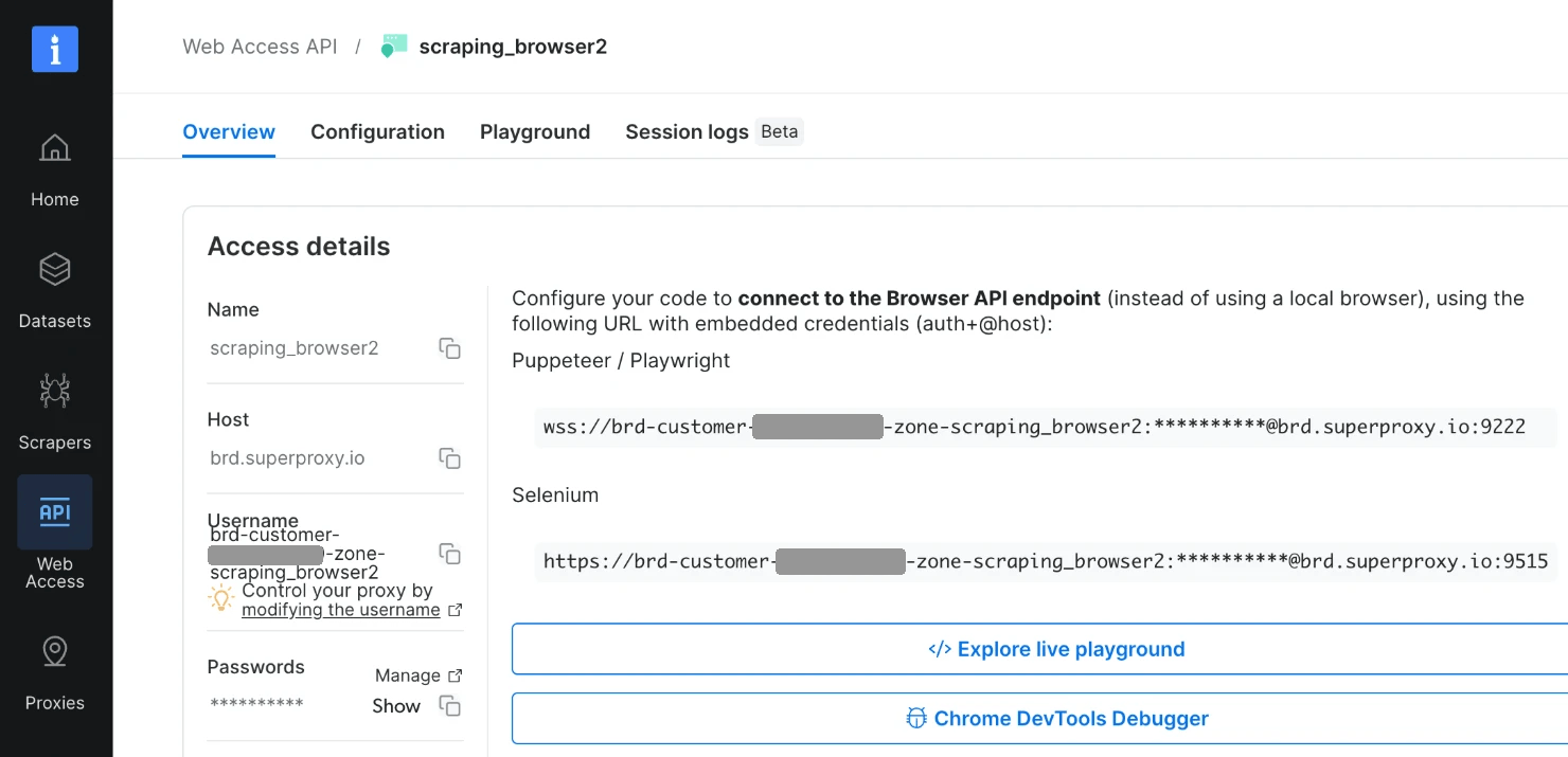 Bright Data Control Panel on the Overview tab of a Browser API zone named scraping_browser2 under Web Access, showing Access details with the host brd.superproxy.io, a username, a masked password, and a Puppeteer and Playwright endpoint that shows wss://brd-customer-, a redacted account ID, -zone-scraping_browser2, a masked password and @brd.superproxy.io:9222