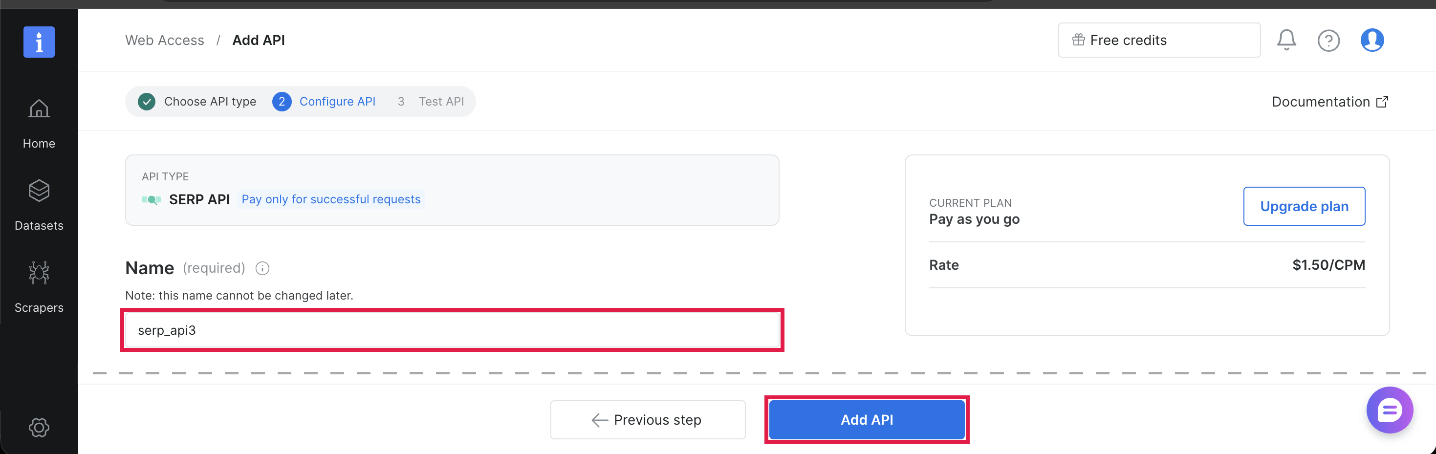 Panneau de contrôle Bright Data, étape Configure API pour une SERP API. Le champ Name et le bouton Add API sont mis en évidence, et une note sous le champ indique que le nom ne peut pas être modifié ultérieurement.