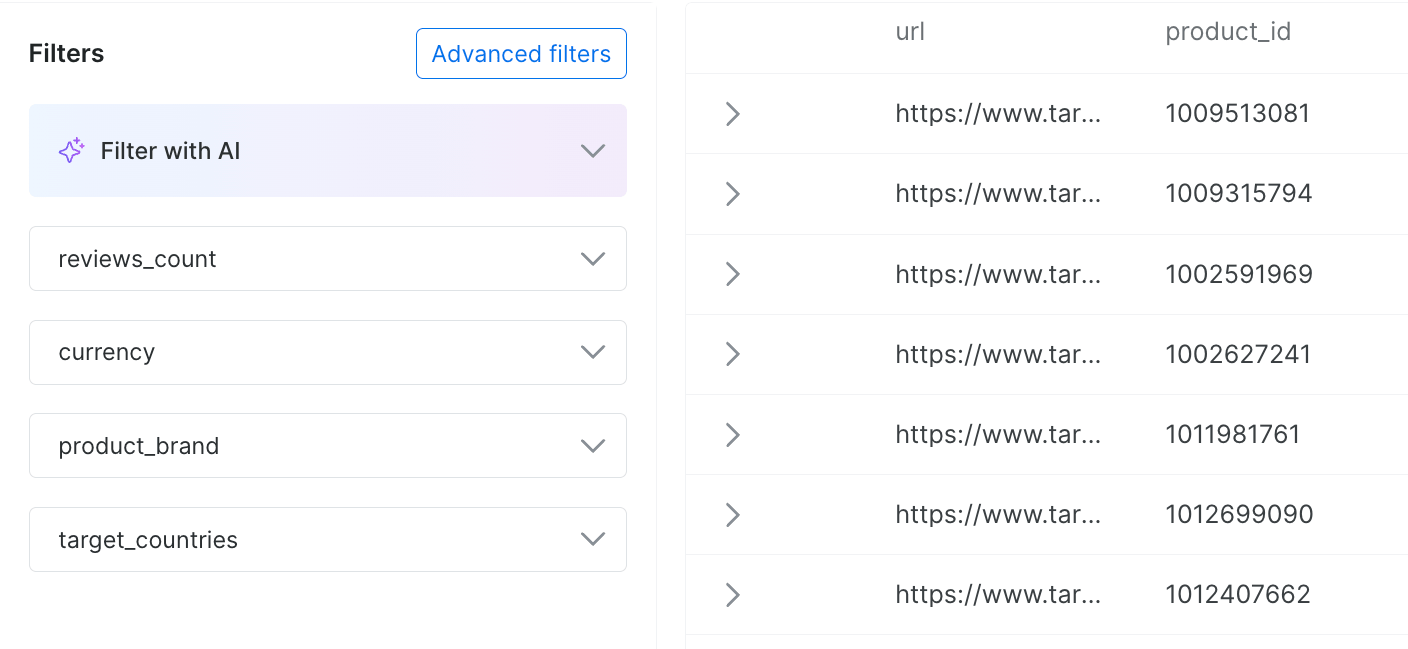 Bright Data Dataset Marketplace for the Target dataset, with a Filters panel that offers Filter with AI, Advanced filters, and field filters such as reviews_count, currency, product_brand, and target_countries, next to a data sample table with url and product_id columns.