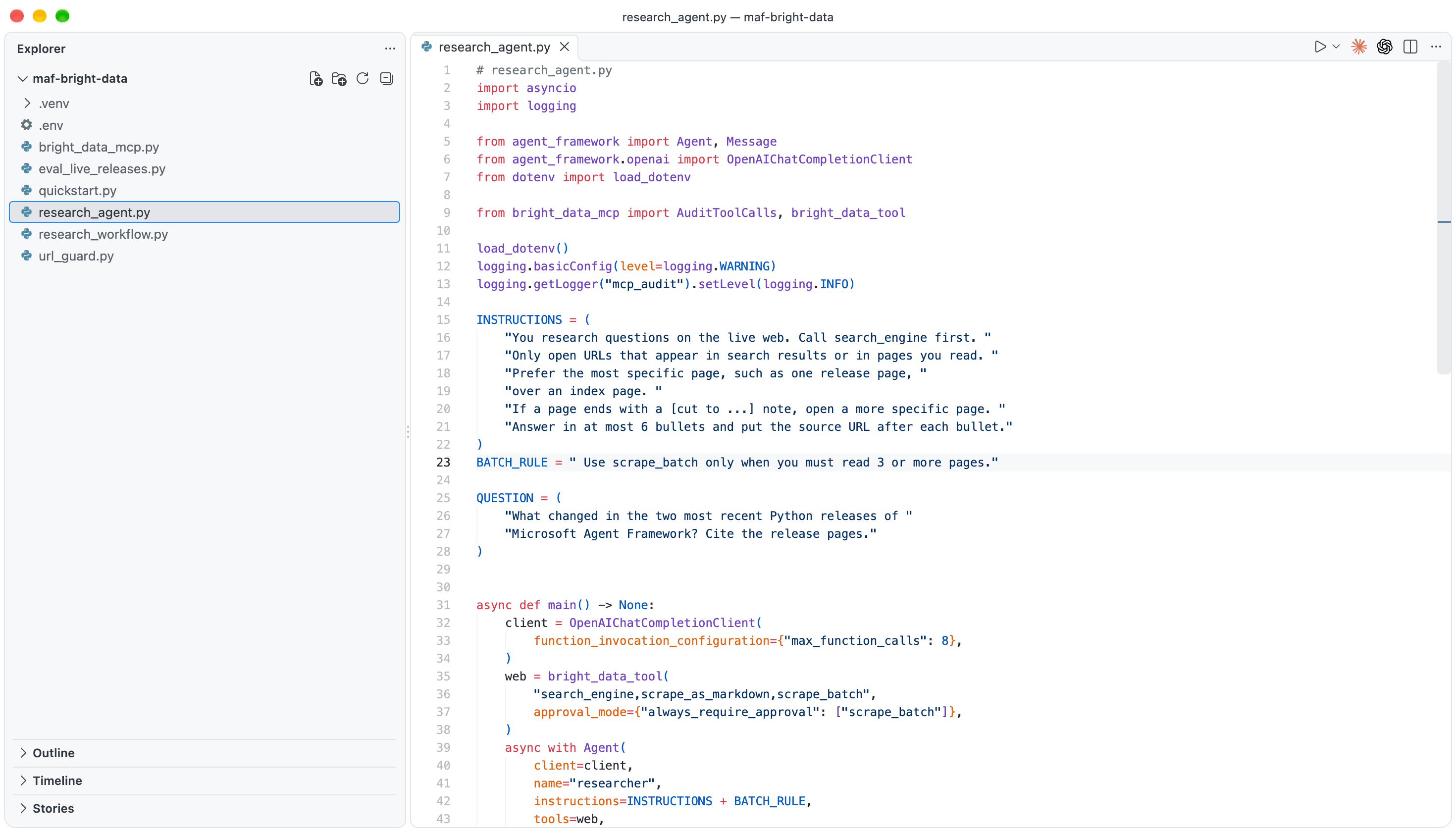 VS Code avec le projet maf-bright-data ouvert, montrant .env, le dossier .venv, et les 6 scripts Python, avec research_agent.py dans l'éditeur