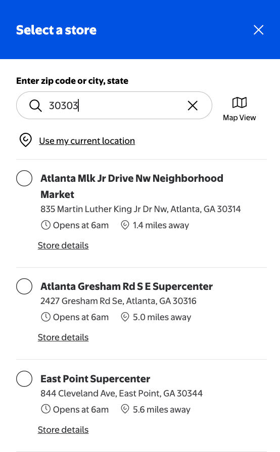 Walmart Select a store dialog with zip code 30303 entered, listing Atlanta Mlk Jr Drive Nw Neighborhood Market 1.4 miles away, Atlanta Gresham Rd S E Supercenter 5.0 miles away, and East Point Supercenter 5.6 miles away