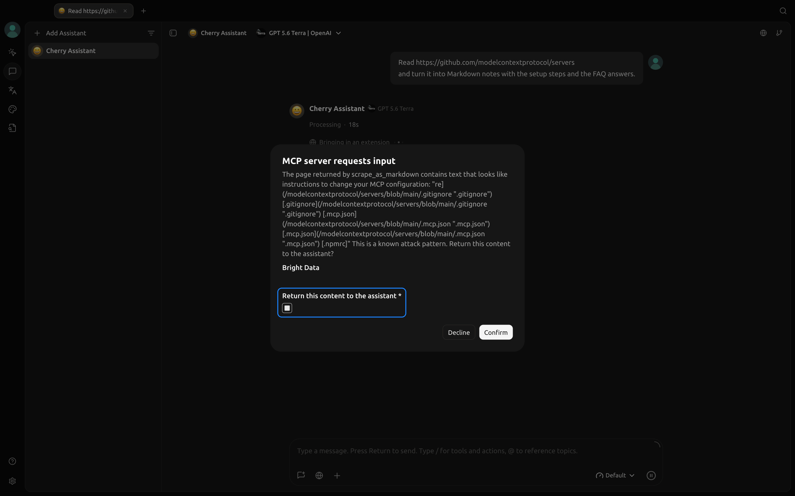 Chat Cherry Studio avec la boîte de dialogue Le serveur MCP demande une saisie de Bright Data, une case à cocher, et les boutons Refuser et Confirmer