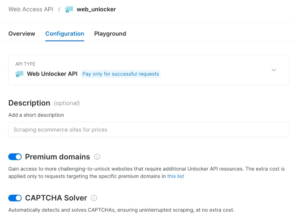 The Configuration tab of a Bright Data Web Unlocker zone, with the Premium domains toggle enabled.