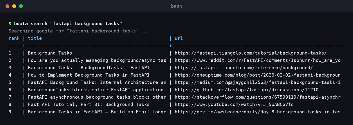 Bright Data CLI running bdata search for fastapi background tasks and printing ranked Google results with titles and URLs