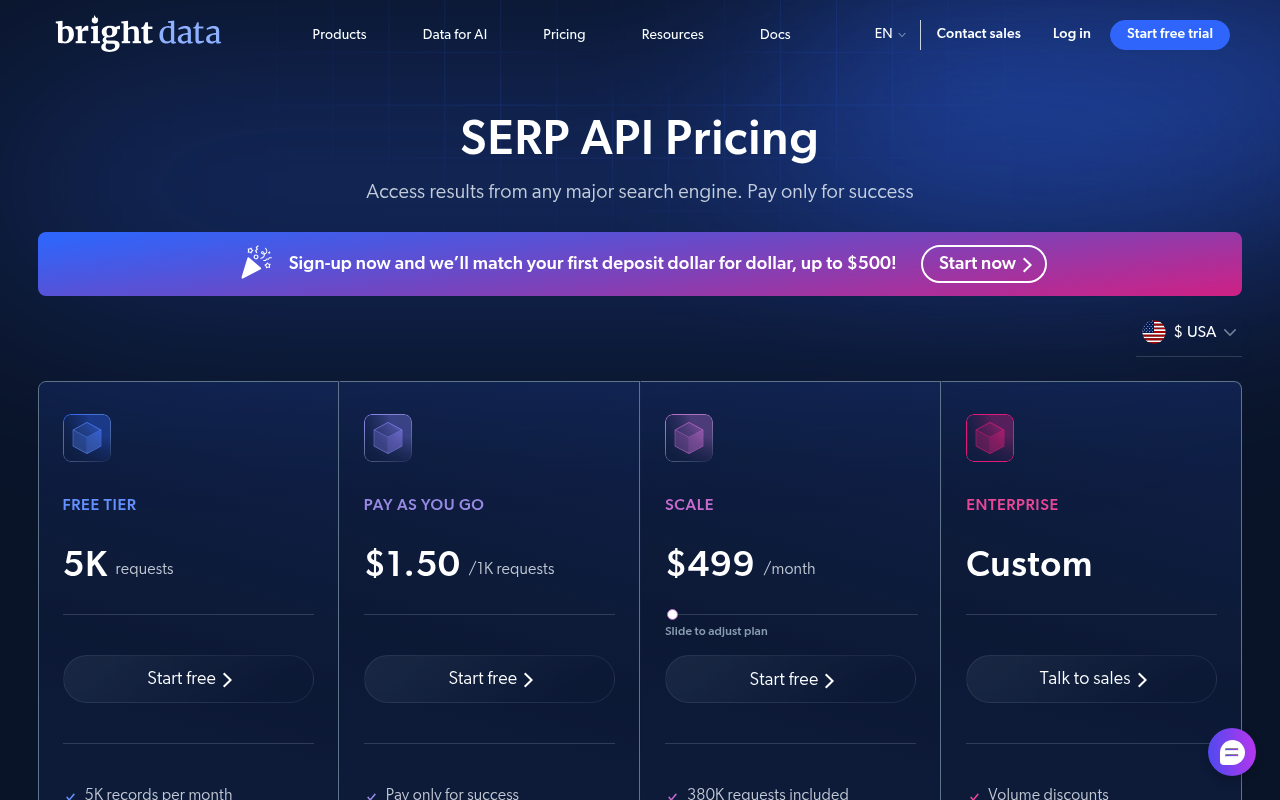 Bright Data free SERP API plan and pricing page