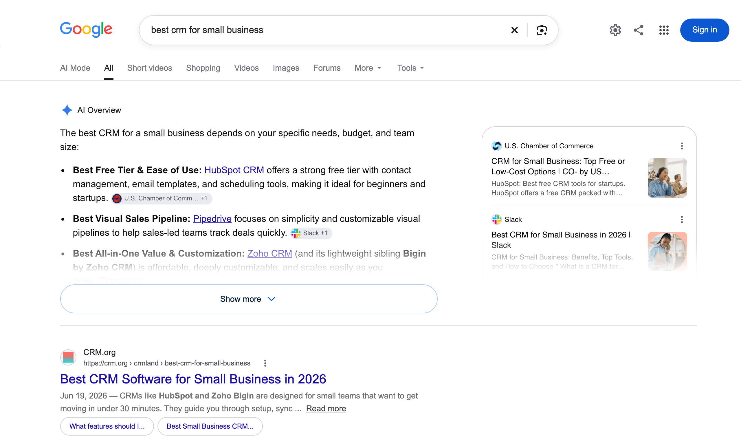 Google results page for best crm for small business, with AI Mode and All tabs. An AI Overview recommends HubSpot CRM, Pipedrive, and Zoho CRM with source links, a side panel shows source cards from U.S. Chamber of Commerce and Slack, and the first organic result from CRM.org sits below.