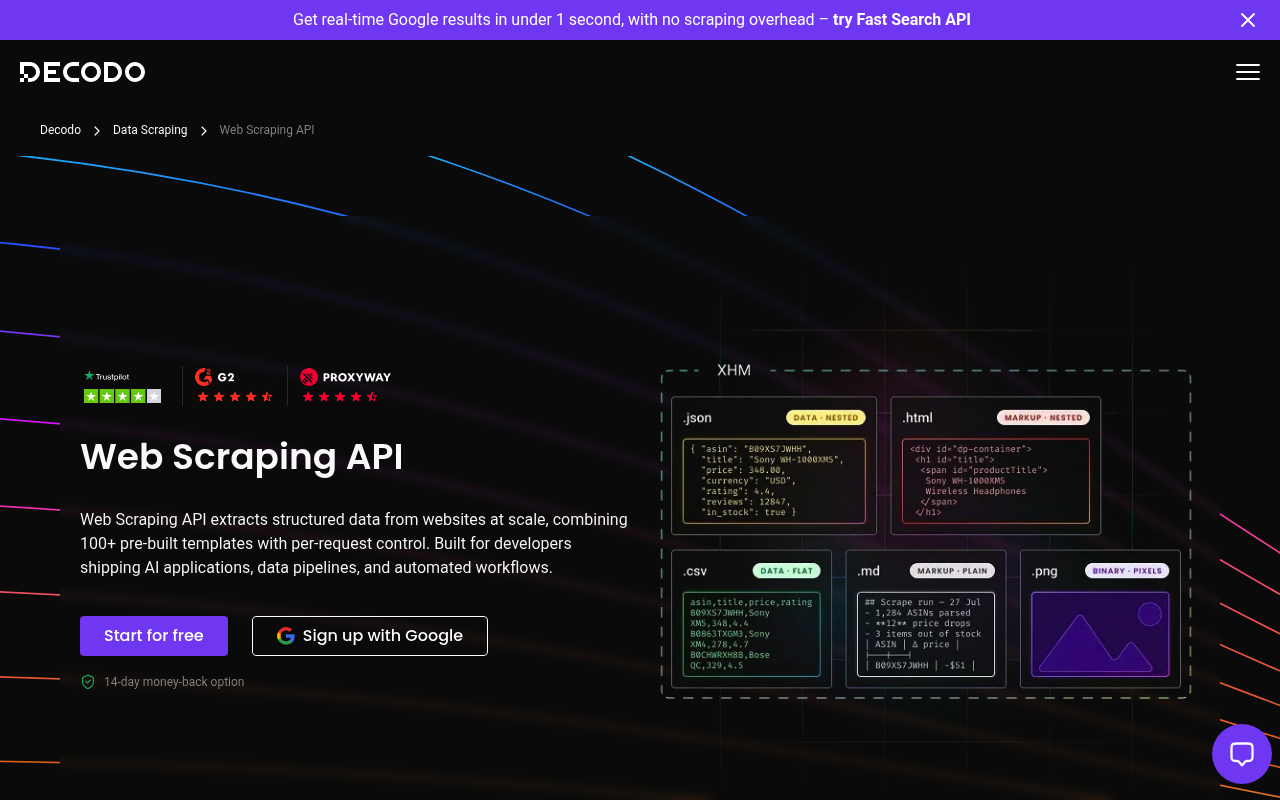 Decodo free SERP API plan and pricing page