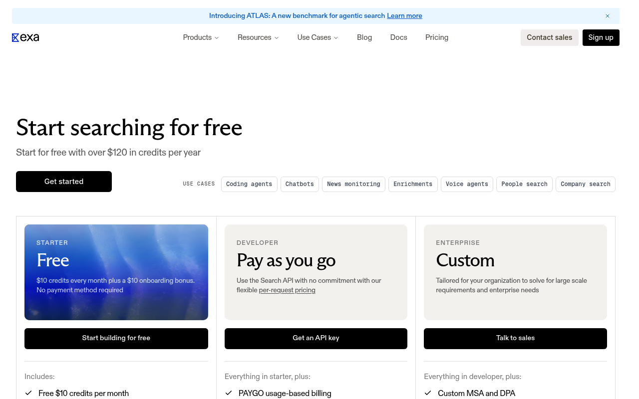 Exa free SERP API plan and pricing page