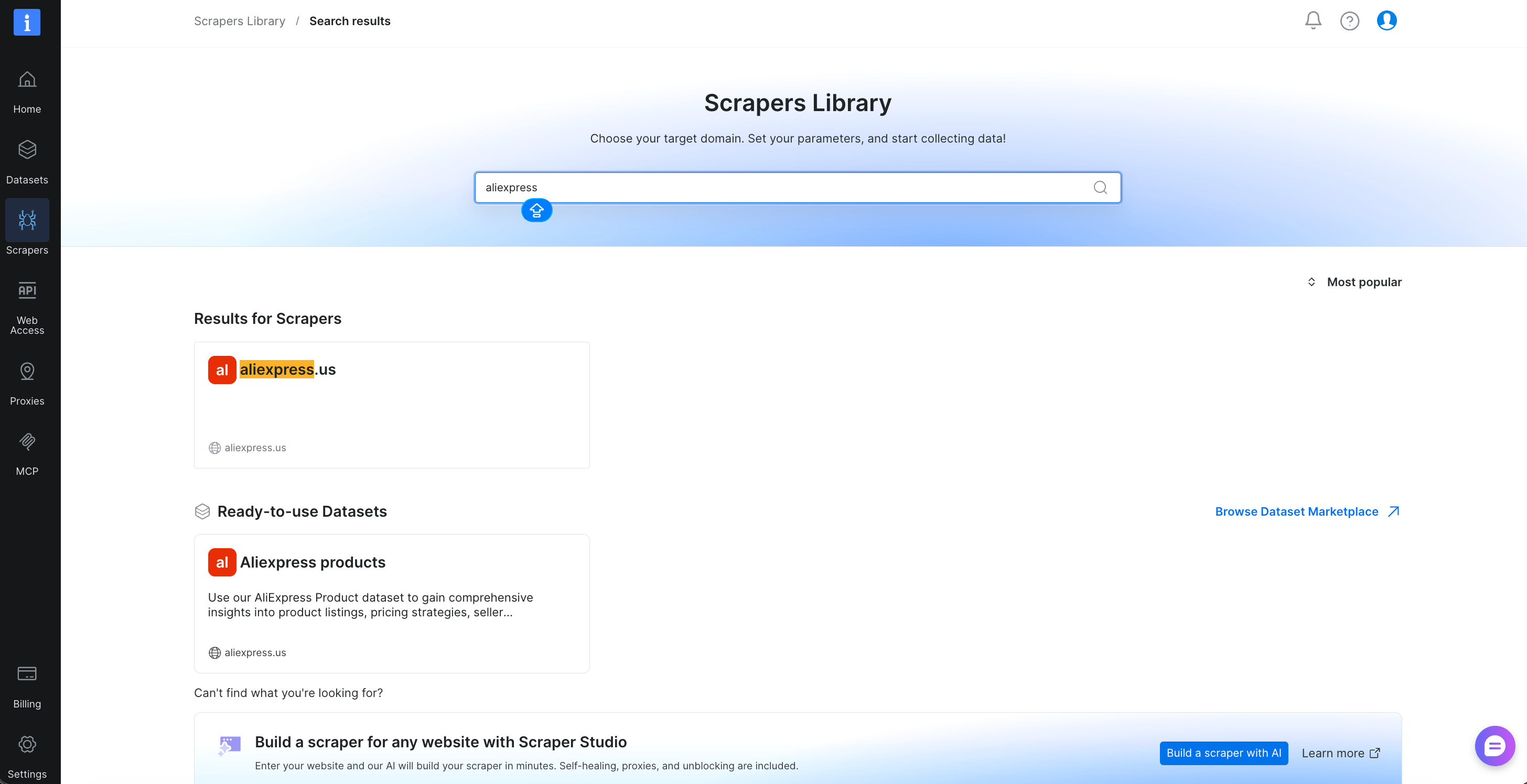Bright Data Scrapers Library search results for "aliexpress", listing the aliexpress.us domain under Results for Scrapers and a ready-to-use dataset named "Aliexpress products", above a Scraper Studio panel with the heading "Build a scraper for any website with Scraper Studio"