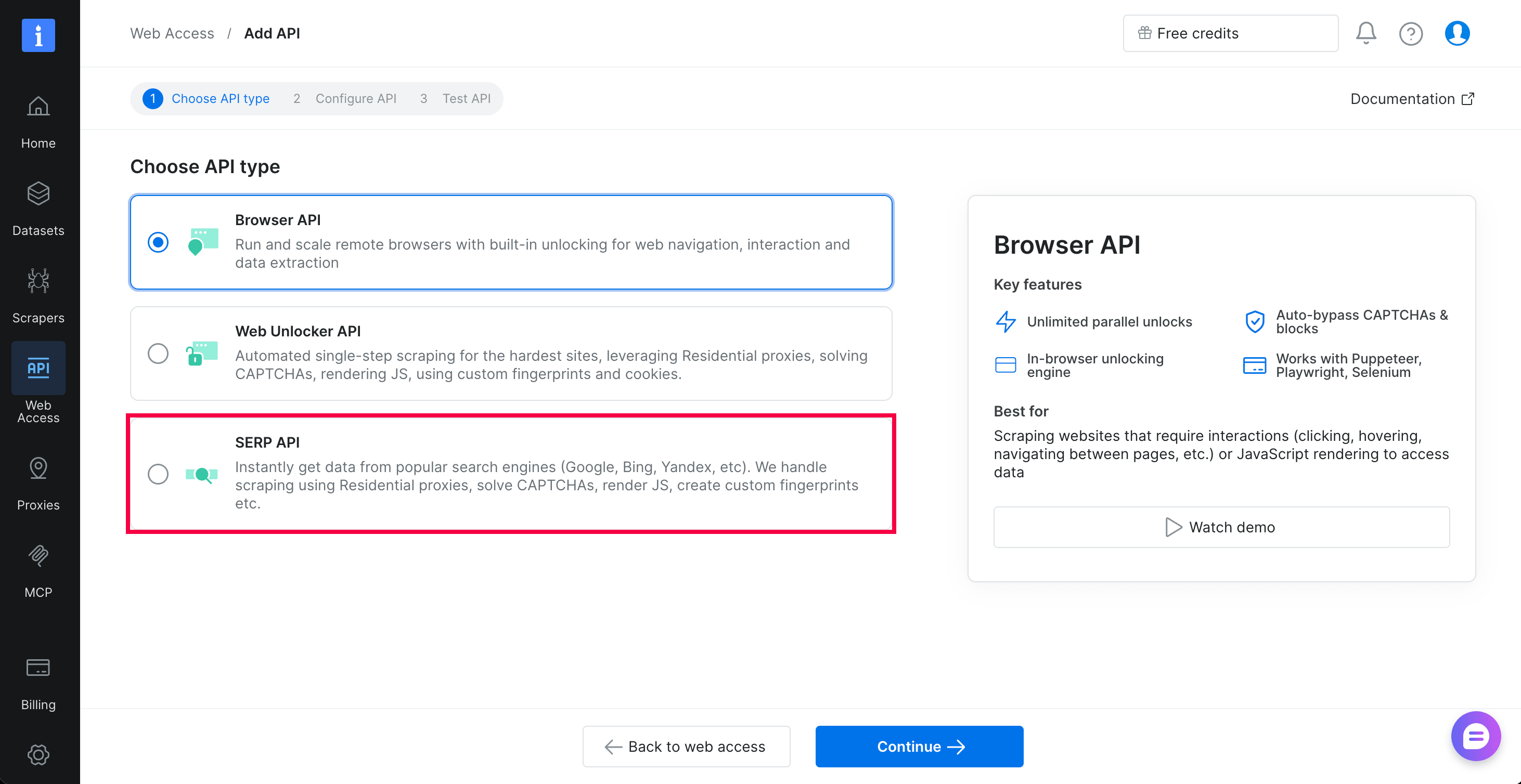 Panneau de contrôle Bright Data, Web Access, page Add API. L'option SERP API est mise en évidence parmi Browser API, Web Unlocker API, et SERP API, au-dessus du bouton Continue.