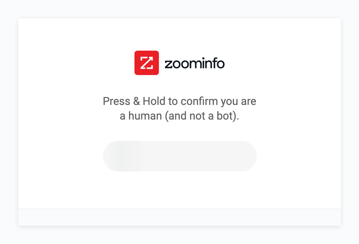 Página de desafío HUMAN Security de ZoomInfo, con el logo de ZoomInfo, el texto 'Press & Hold to confirm you are a human (and not a bot)' y un botón de retención vacío.