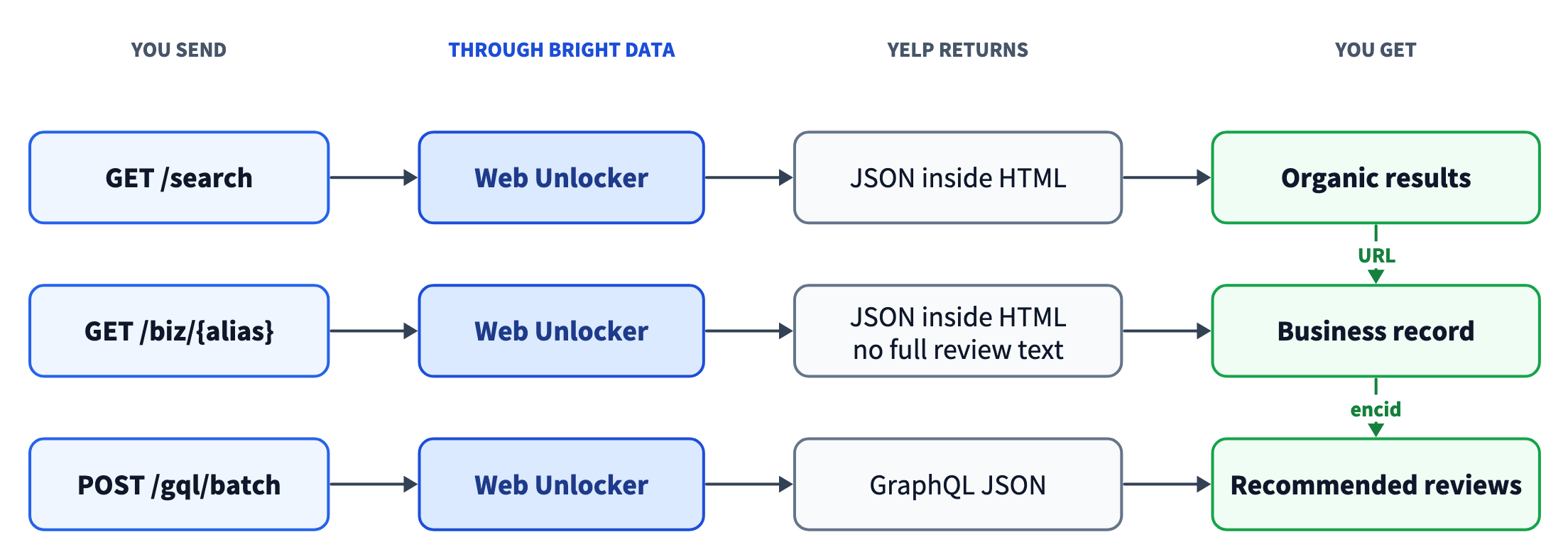 Diagram with one row per request, read left to right. GET /search, GET /biz/{alias}, and POST /gql/batch each pass through Bright Data's Web Unlocker. Yelp returns JSON inside HTML for the search and business pages, with no full review text on the business page, and GraphQL JSON for the reviews. The outputs are organic results, a business record, and recommended reviews, linked top to bottom by the URL and the encid.