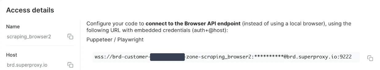 Bright Data control panel, Access details section of a Browser API zone, showing the zone name, the host brd.superproxy.io, and the Puppeteer / Playwright WebSocket URL on port 9222, with the customer ID masked and the password hidden