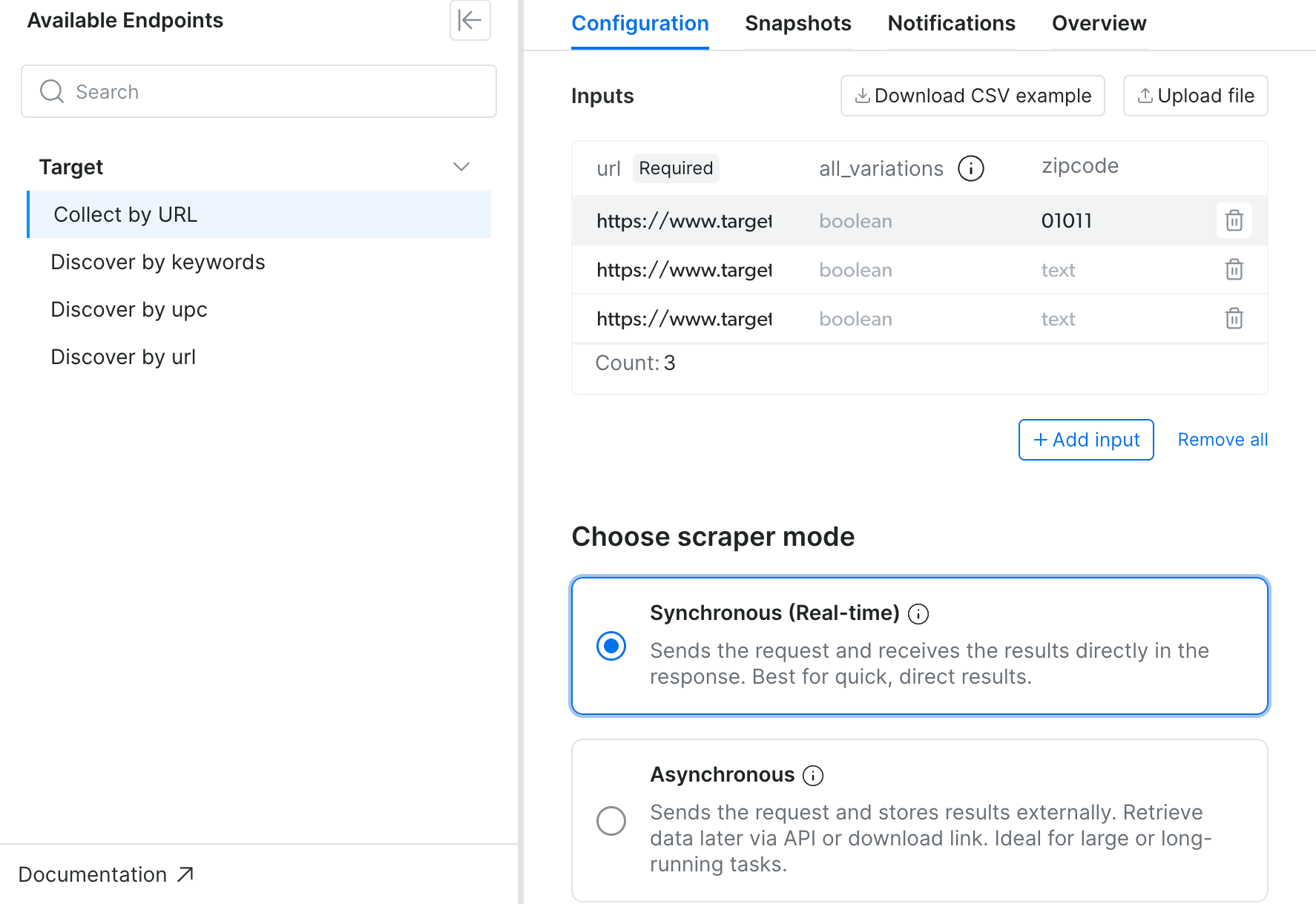 Bright Data console for the Target scraper, with Collect by URL selected among its endpoints. The Inputs table has url, all_variations, and zipcode columns with 3 target.com product URLs, one with zipcode 01011. Choose scraper mode shows Synchronous (Real-time) selected and Asynchronous below.
