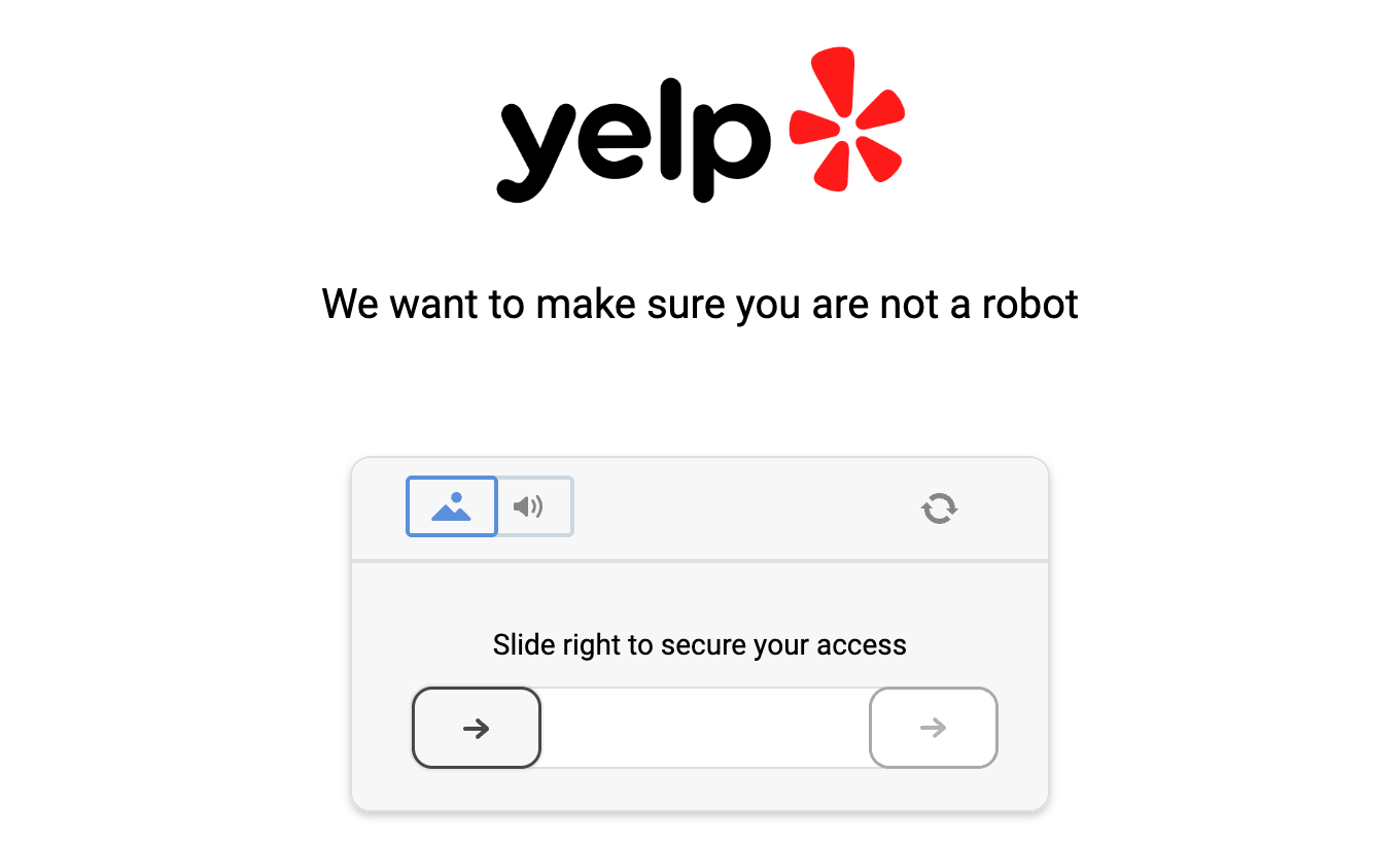 Yelp's DataDome challenge page with the Yelp logo, the heading "We want to make sure you are not a robot," and a slider CAPTCHA with the instruction "Slide right to secure your access"