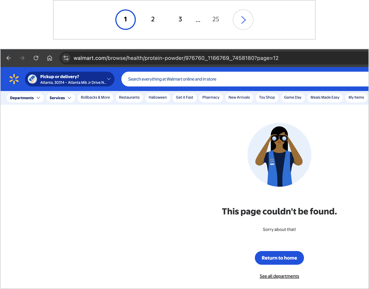 Walmart category page numbers 1, 2, 3, and 25 above a browser window open at the same protein powder category URL with page=12, where Walmart shows the message This page couldn't be found