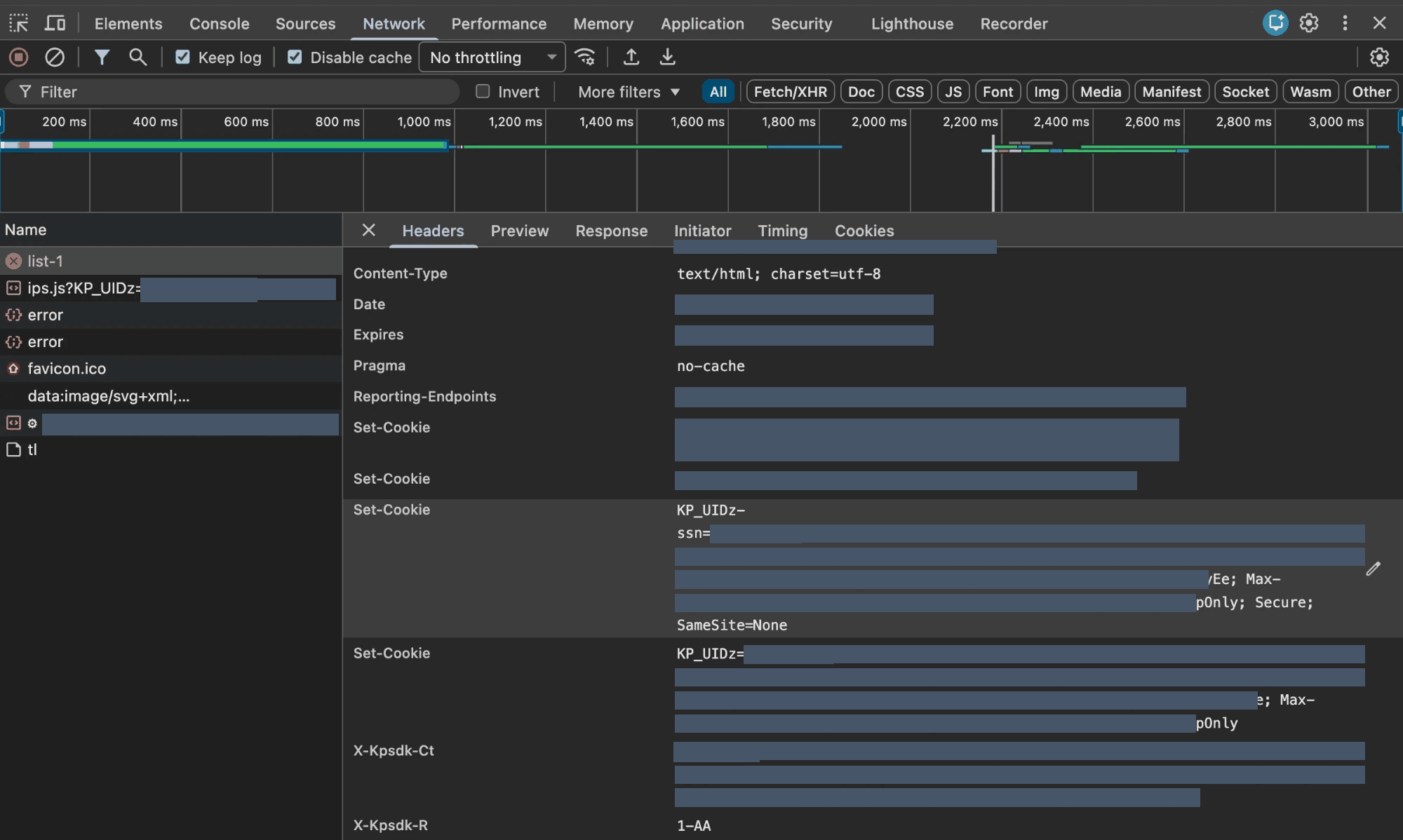 DevTools Headers pane for the 429 response, showing x-kpsdk-ct, x-kpsdk-r, and KP_UIDz cookies with values hidden.