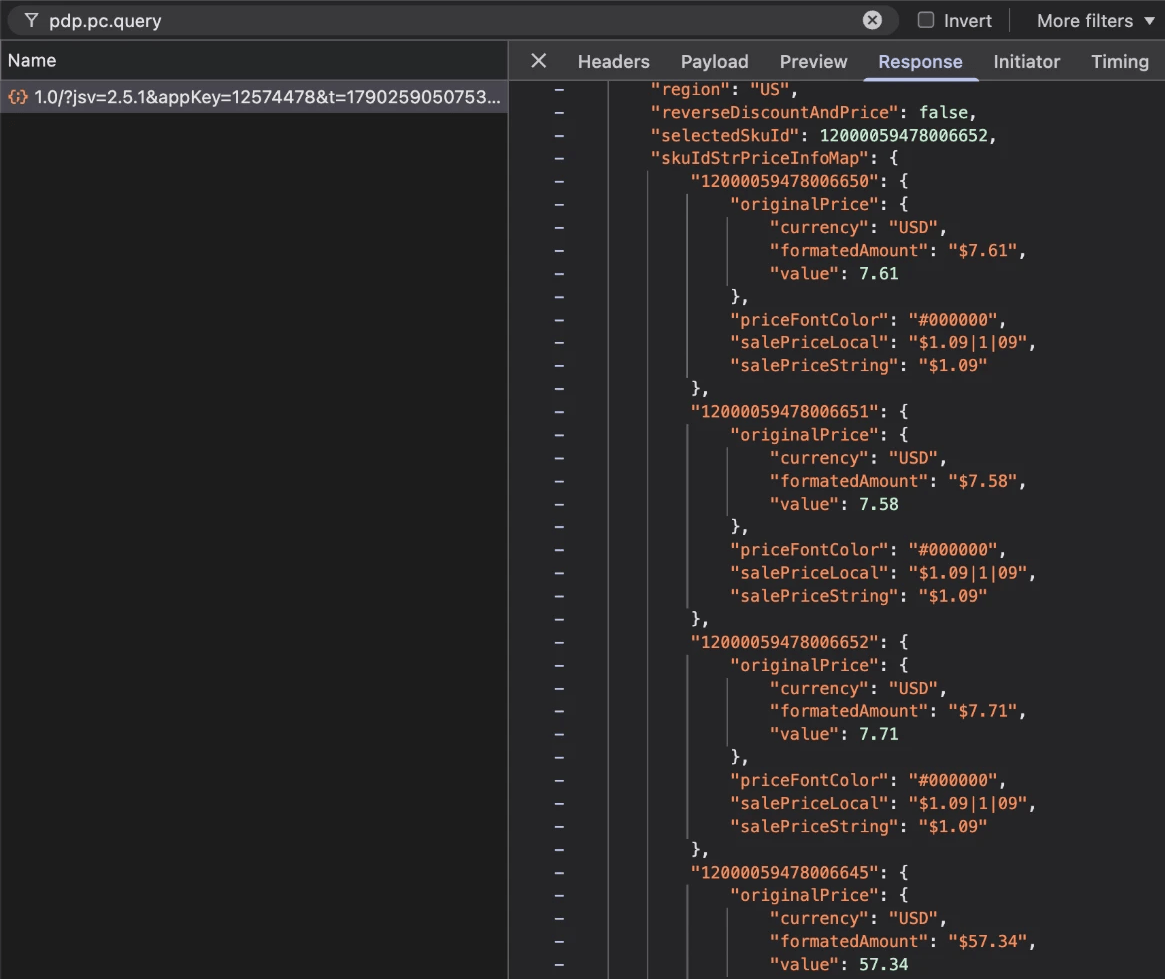 Chrome DevTools Response tab for a pdp.pc.query request showing region US, selectedSkuId 12000059478006652, and a skuIdStrPriceInfoMap whose first three entries are 1-packs listed at $7.61, $7.58 and $7.71 with a $1.09 sale price each, then a 10-pack entry listed at $57.34