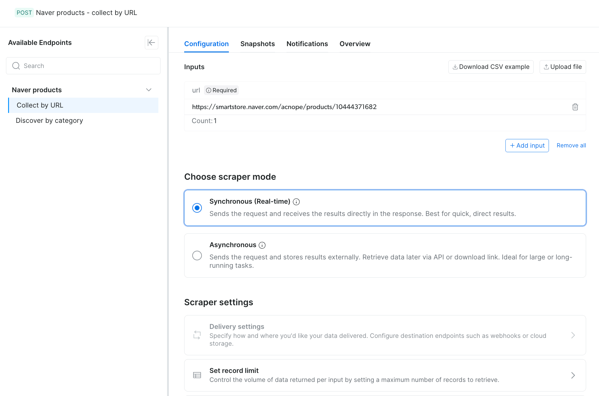 Bright Data control panel showing the Naver products Collect by URL endpoint, with a SmartStore product URL in the Inputs table, Synchronous mode selected, and Scraper settings for delivery and record limits
