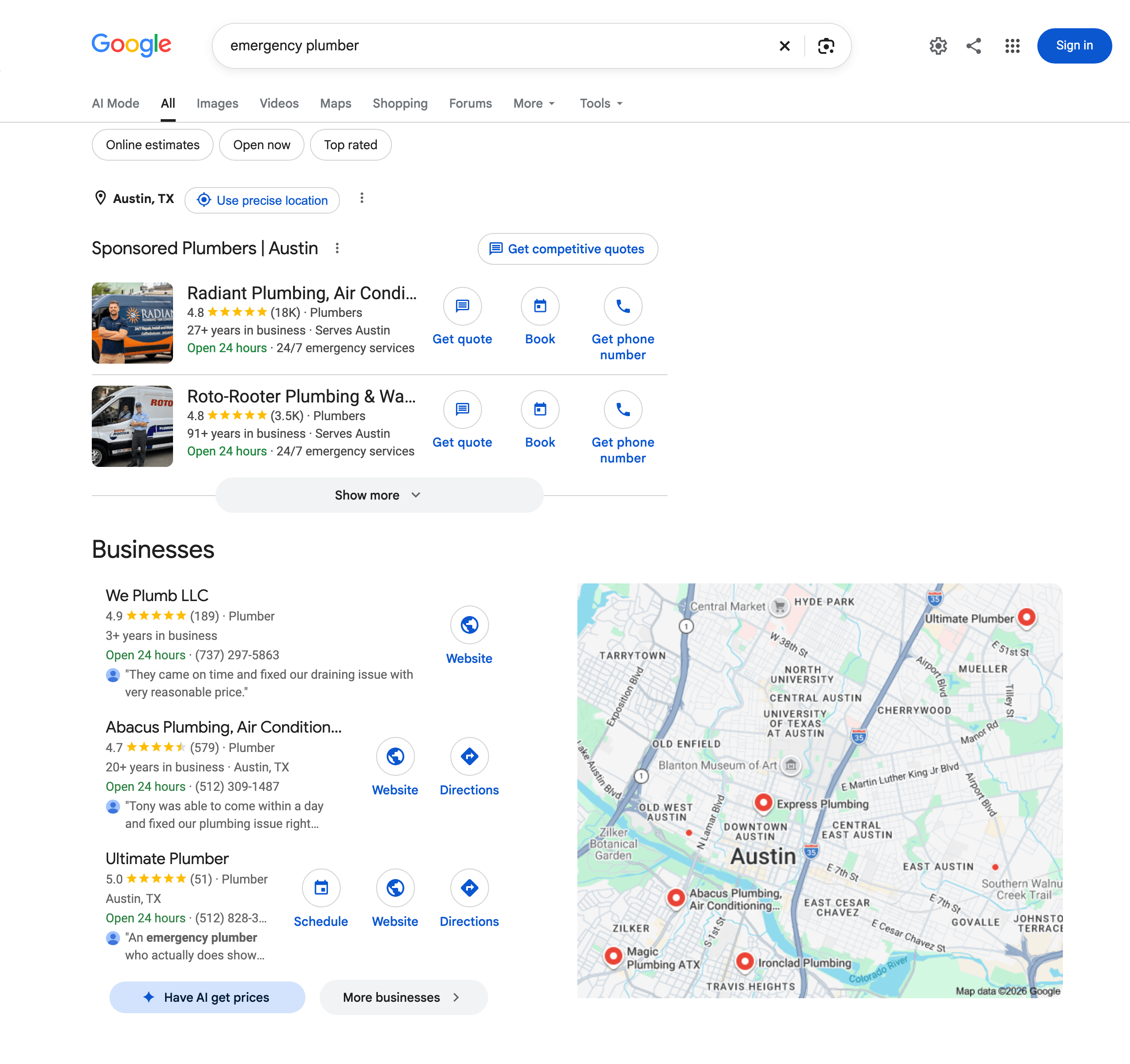 Google results page for emergency plumber with the location label reading Austin, TX. A Sponsored Plumbers Austin section shows Radiant Plumbing and Roto-Rooter, above a Businesses map pack listing We Plumb LLC, Abacus Plumbing, and Ultimate Plumber beside a map of central Austin.