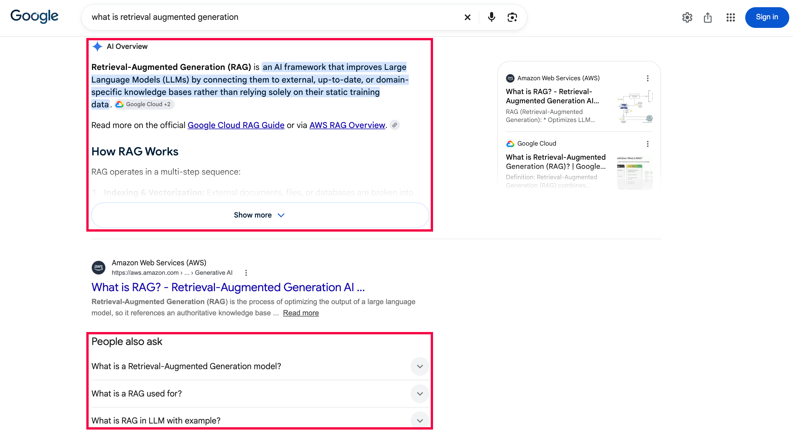 Page de résultats Google pour "what is retrieval augmented generation", avec l'AI Overview et 3 questions People Also Ask mises en évidence.