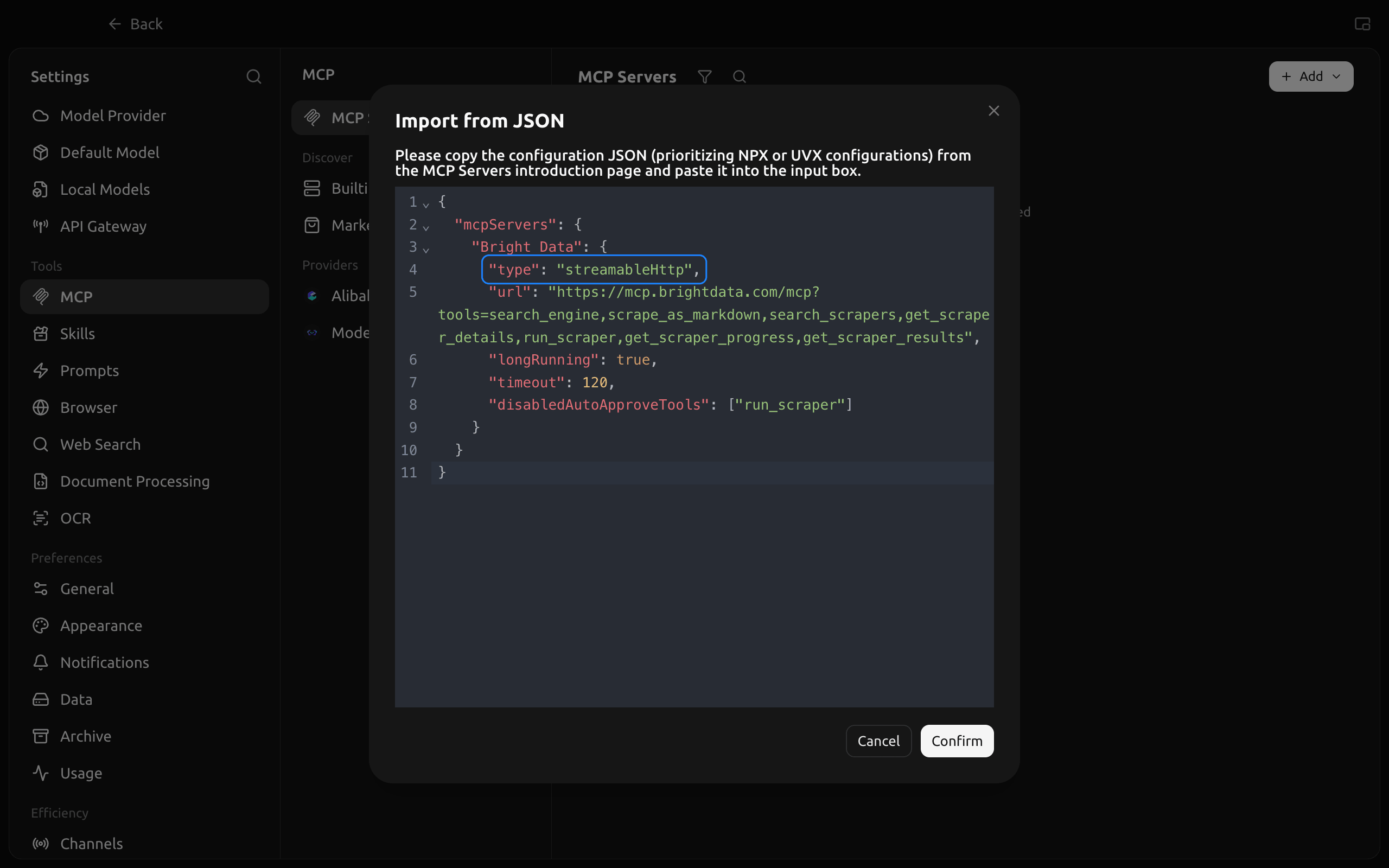 Paramètres Cherry Studio, Serveurs MCP, boîte de dialogue Importer depuis JSON avec la configuration Bright Data collée et le bouton Confirmer