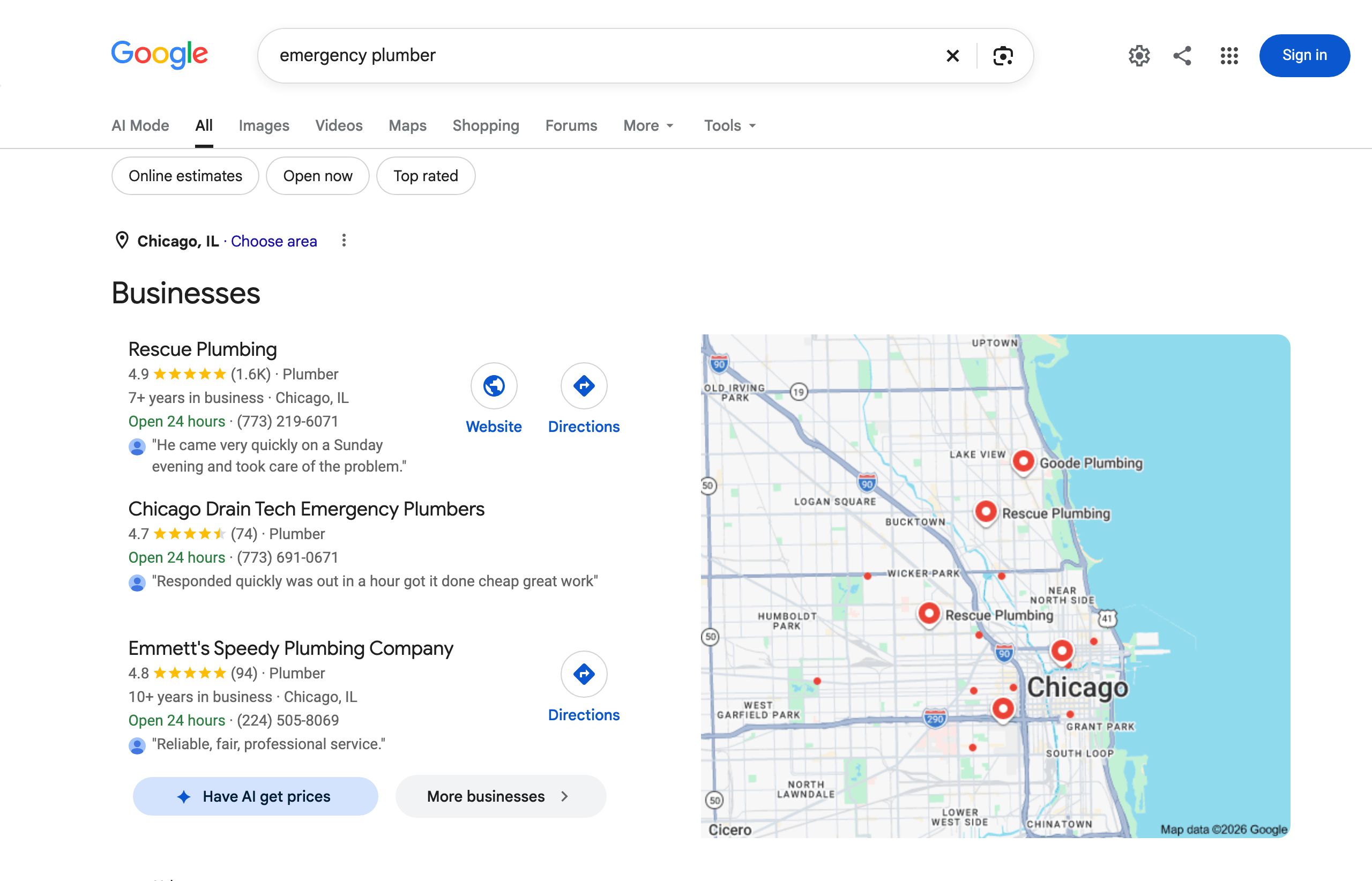 Google results page for emergency plumber with the location label reading Chicago, IL. A Businesses map pack lists Rescue Plumbing, Chicago Drain Tech Emergency Plumbers, and Emmett's Speedy Plumbing Company beside a map of central Chicago, followed by a Yelp result for emergency plumbers in Chicago.