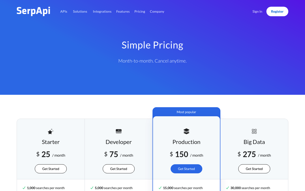 SerpApi free SERP API plan and pricing page