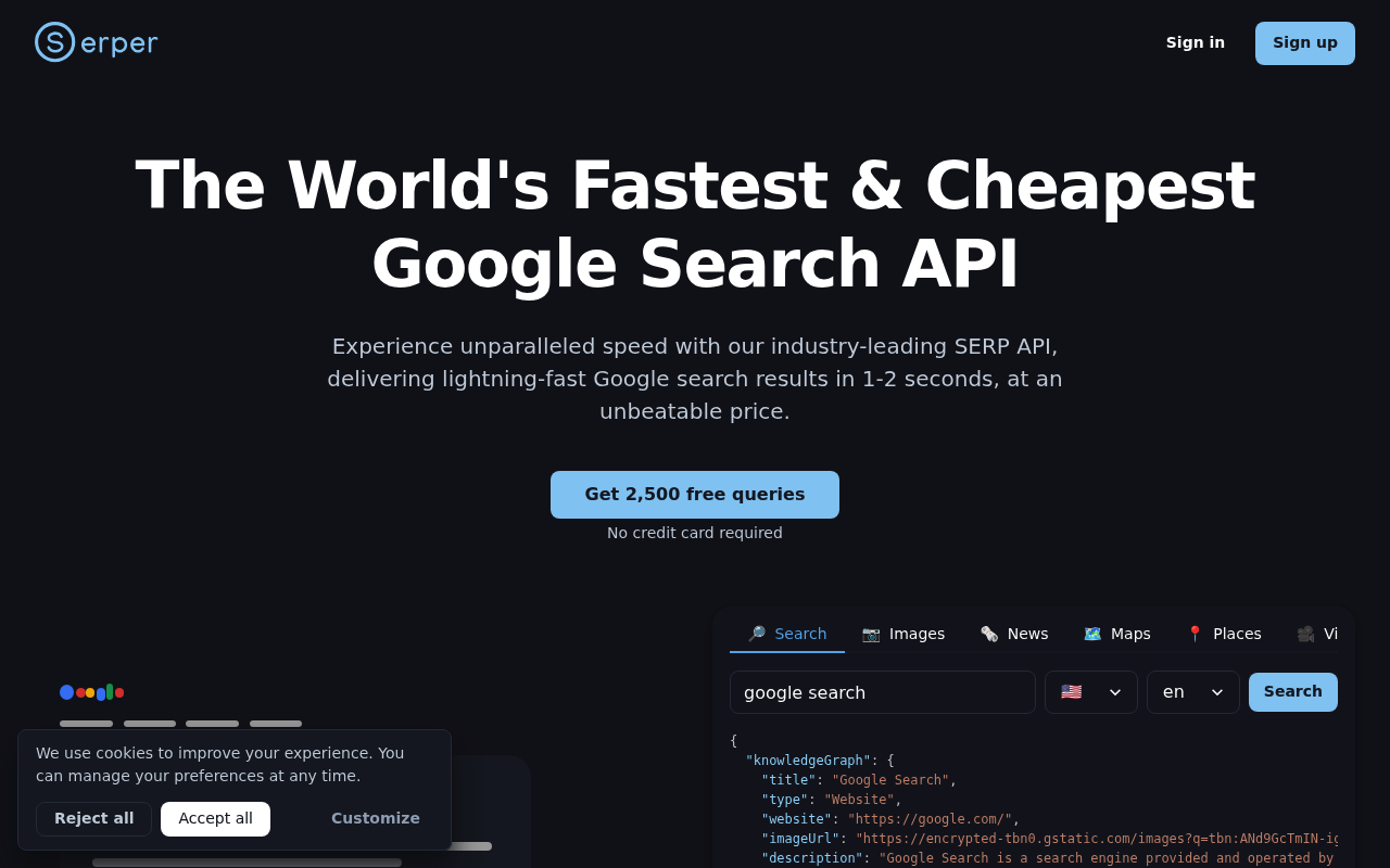 Serper free SERP API plan and pricing page