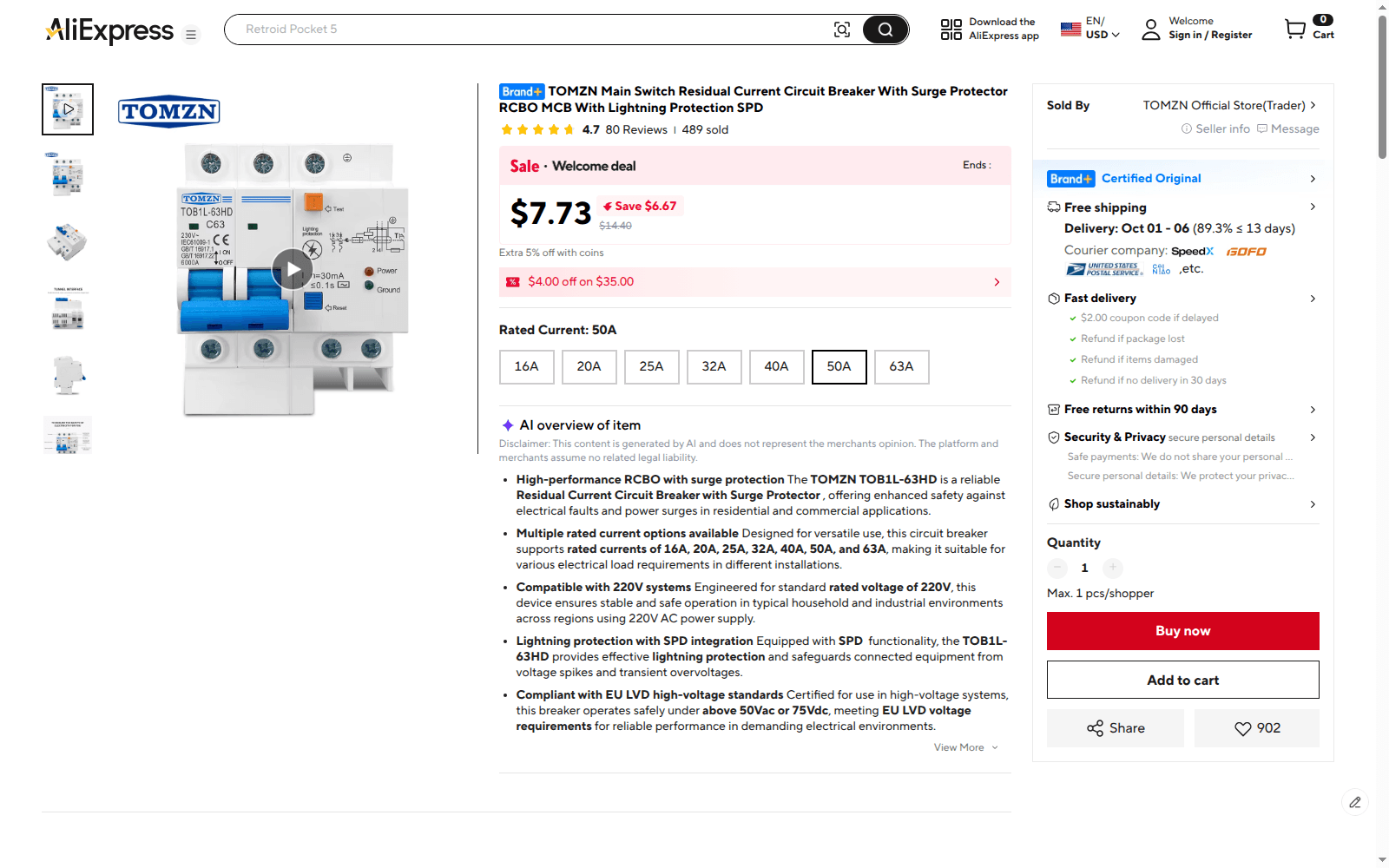 AliExpress product page for a TOMZN residual current circuit breaker rendered in a browser, showing a $7.73 sale price and a $14.40 list price, a 4.7 rating from 80 reviews and 489 sold, seven rated-current variant buttons from 16A to 63A, the TOMZN Official Store seller panel, and Buy now and Add to cart buttons