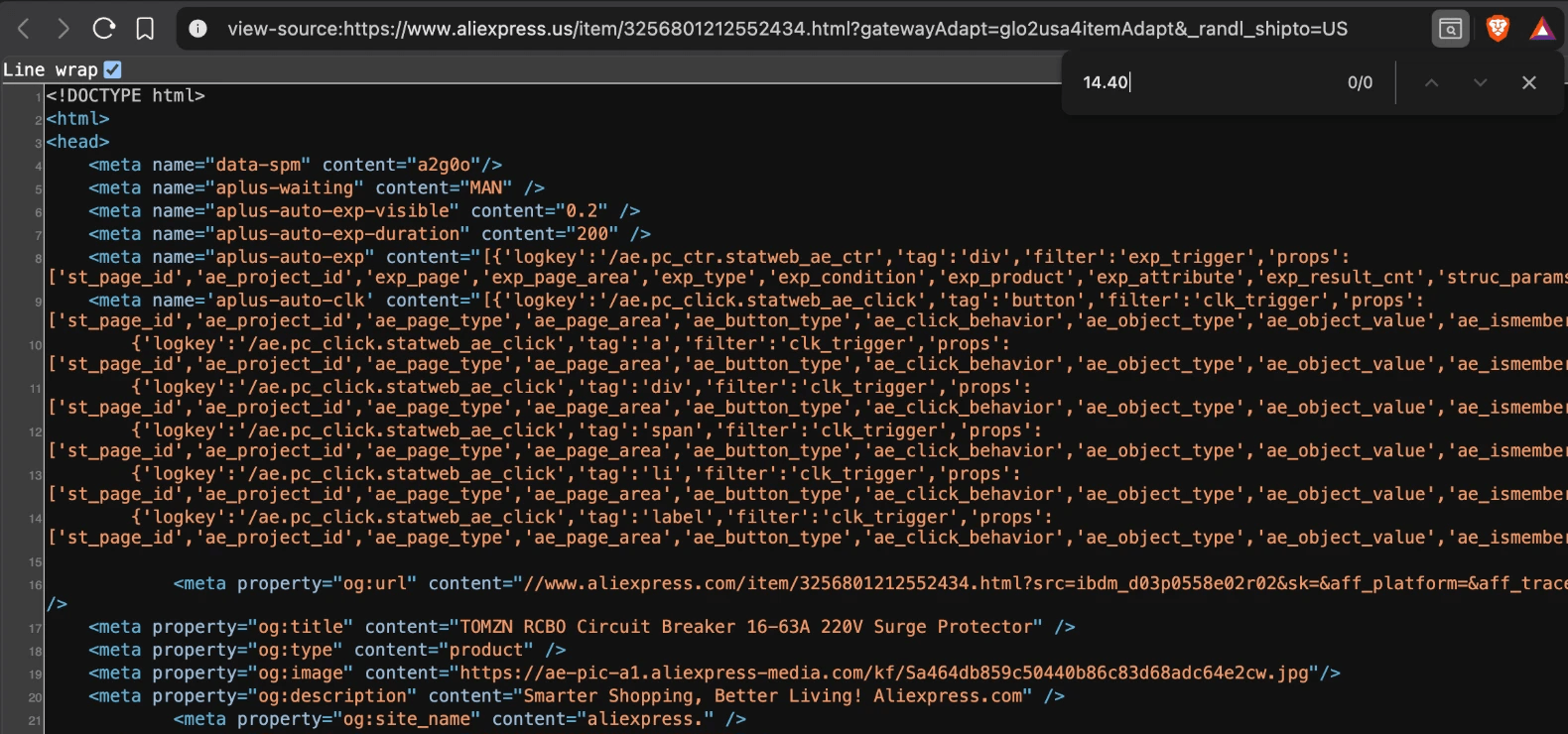 Browser view-source tab for www.aliexpress.us/item/3256801212552434.html with the find bar searching for 14.40 and reporting 0/0 matches, above the start of the page's head section, where an og:title meta tag names the TOMZN RCBO Circuit Breaker 16-63A 220V Surge Protector and og:description contains a generic AliExpress slogan