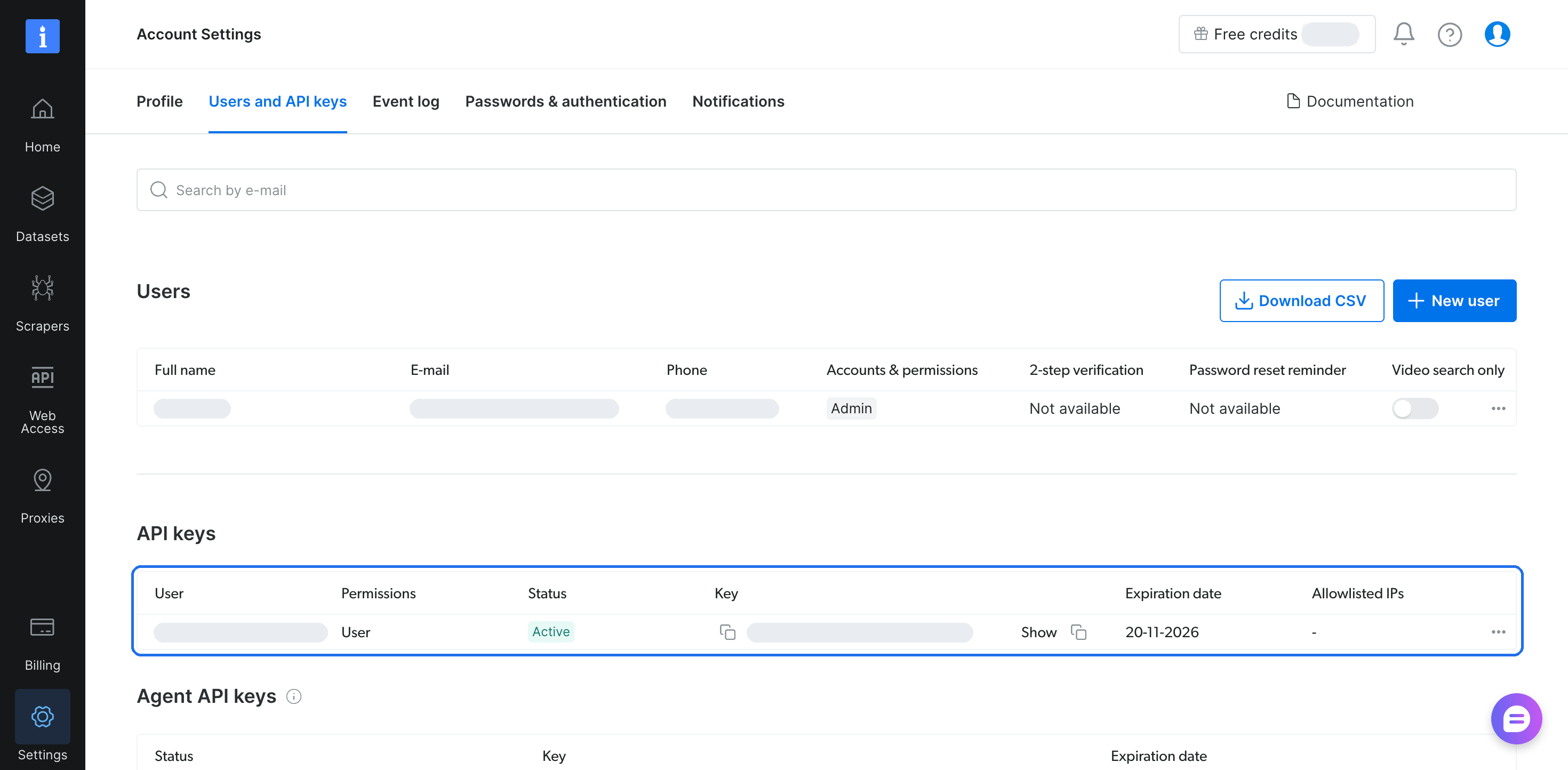 Panneau de contrôle Bright Data sur la page Account Settings, onglet Users and API keys, avec le tableau des clés API et une clé masquée