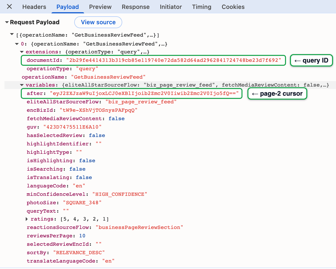 Chrome DevTools Payload tab for a gql/batch request. The payload expands to operationName GetBusinessReviewFeed, extensions with documentId 2b29fe4414313b319cb85e119740e72da582d64ad2962841724748be23d7f692 and operationType query, and variables including after, encBizId, guv, languageCode, reviewsPerPage 10, and sortBy RELEVANCE_DESC. The documentId row has the label "query ID" and the after row has the label "page-2 cursor."