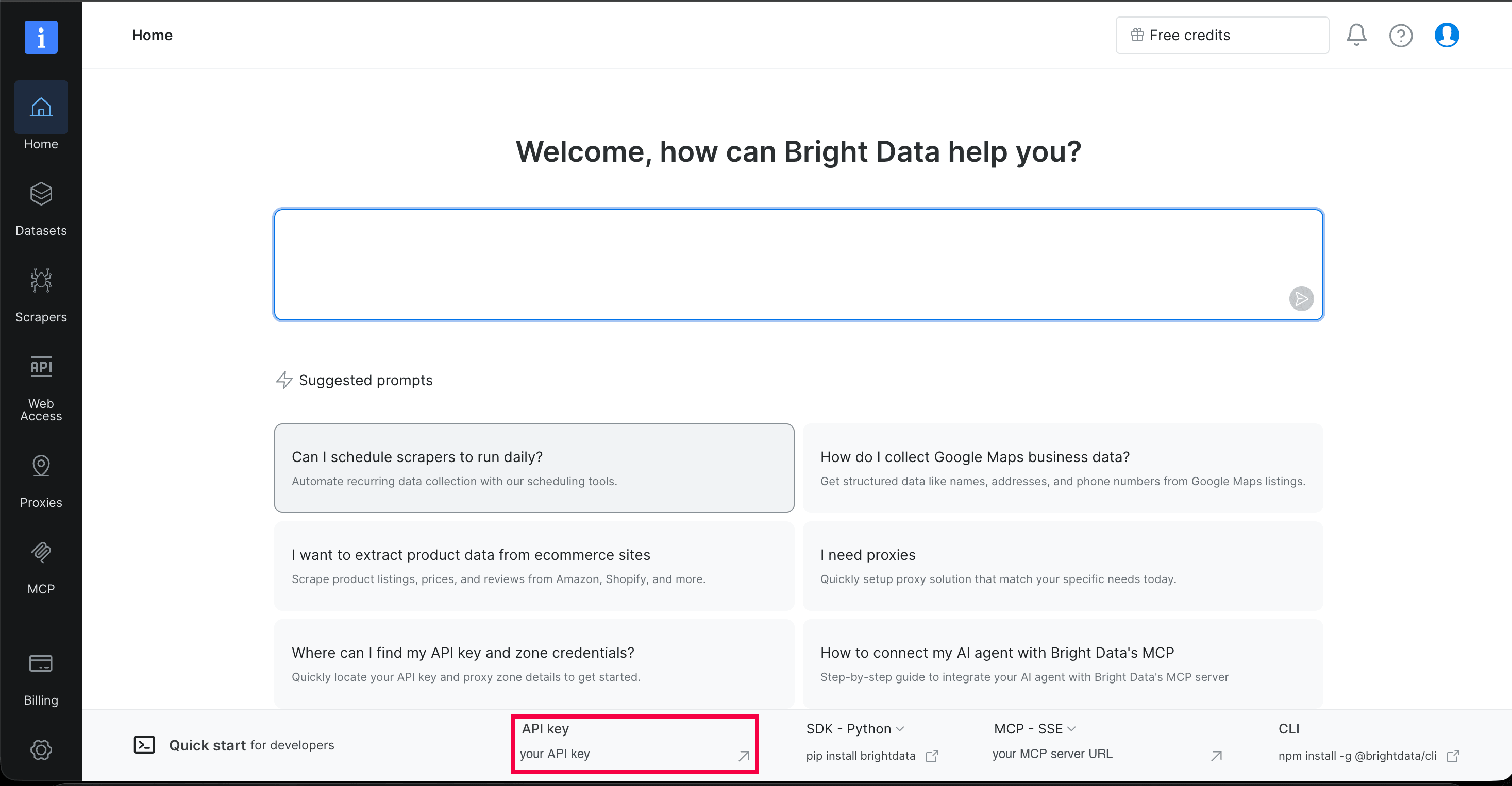 Page Home du panneau de contrôle Bright Data. Le champ API key dans la barre Quick start en bas est mis en évidence. La clé et l'URL du serveur MCP sont masquées dans cette image.