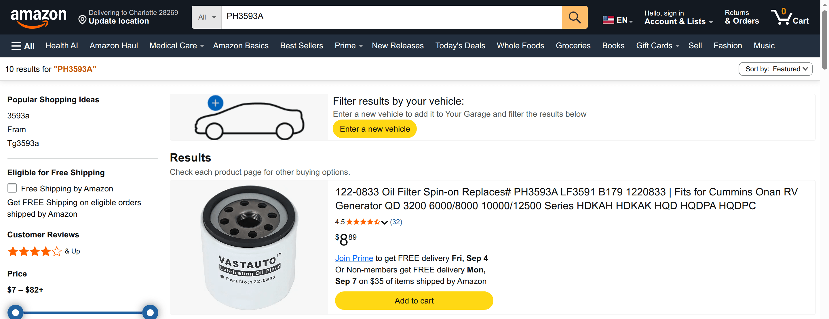 Amazon search for FRAM part number PH3593A returns a Cummins Onan generator oil filter as the top result, with the number in its title.