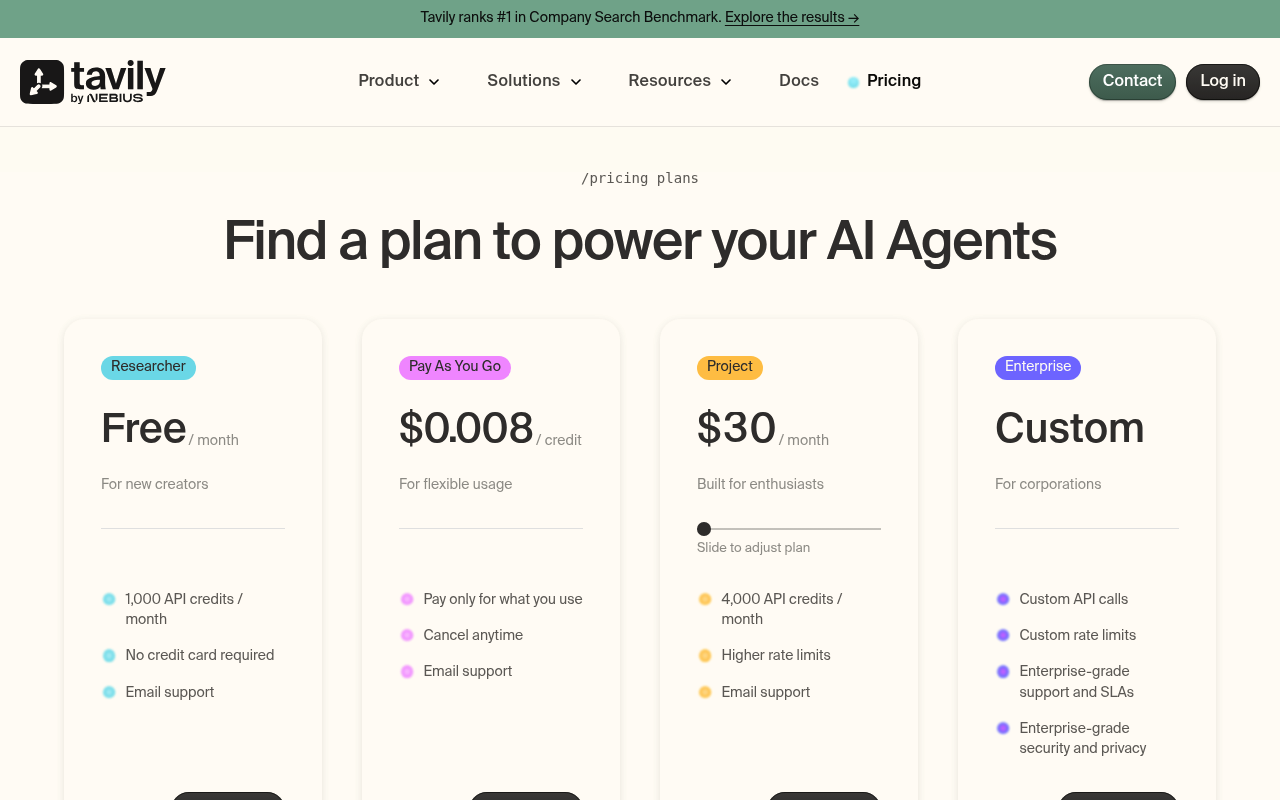 Tavily free SERP API plan and pricing page