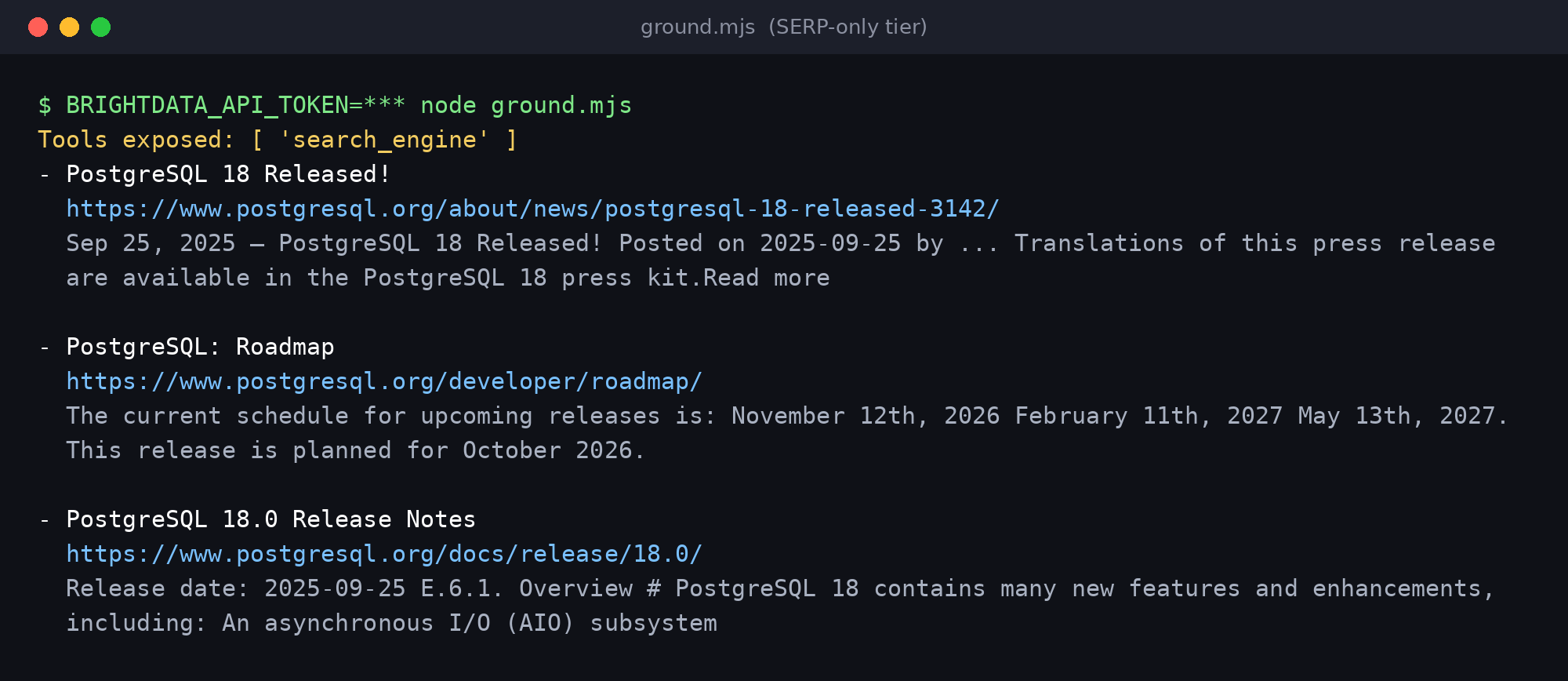 Terminal output of a Node.js MCP client connected to Bright Data MCP with only search_engine exposed, printing three PostgreSQL 18 search results