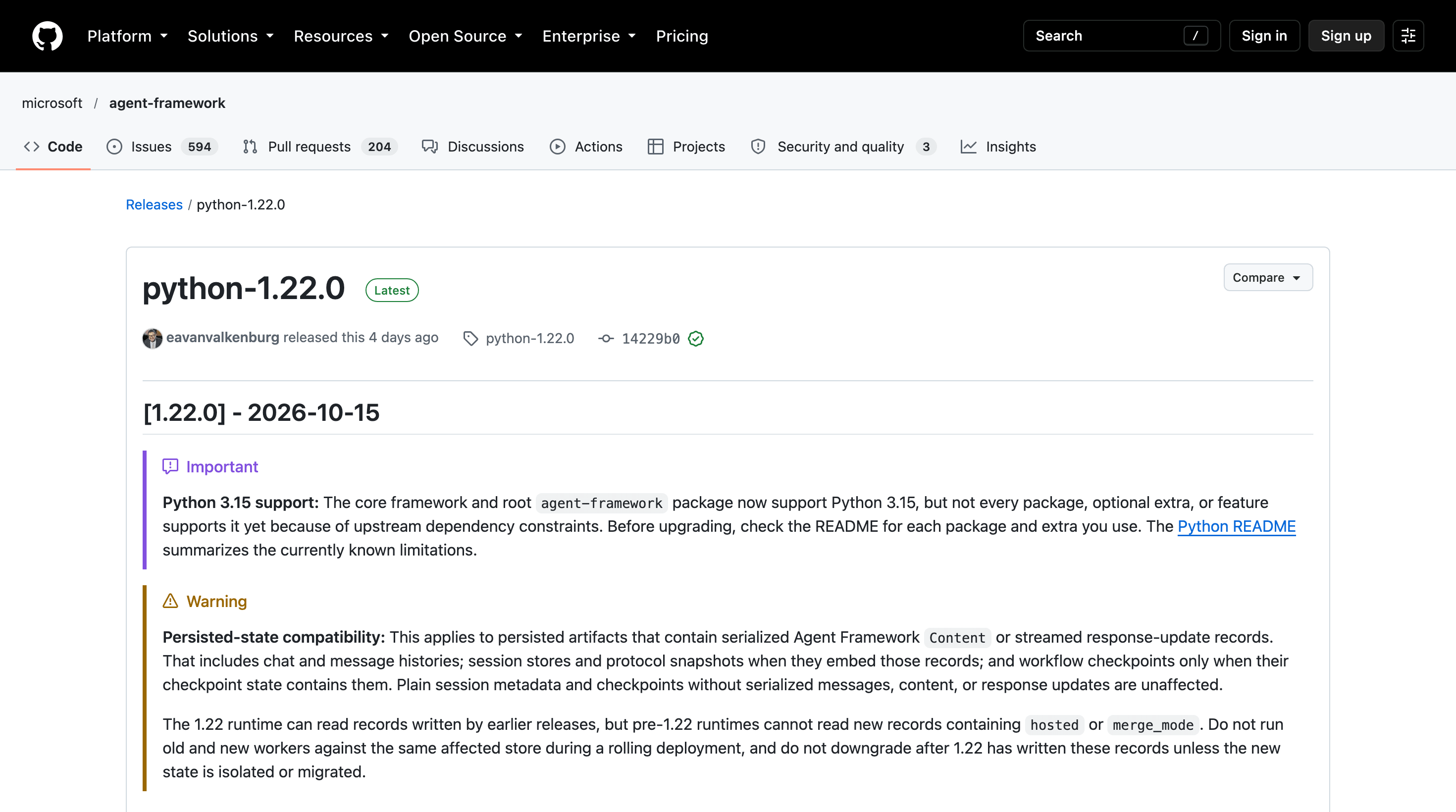 Page de release GitHub pour Microsoft Agent Framework python-1.22.0, datée du 2026-10-15, avec la note sur le support Python 3.15 et l'avertissement de compatibilité d'état persisté