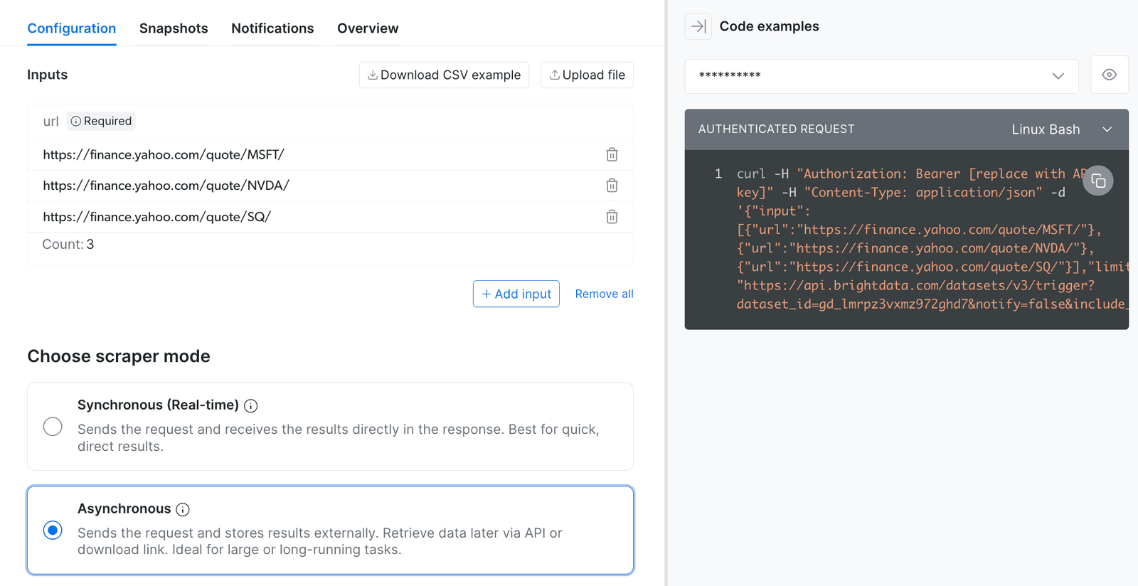 Bright Data Control Panel for the Yahoo Finance Scraper API, with the MSFT, NVDA, and SQ quote URLs as inputs, Asynchronous mode selected, and a curl example that calls the datasets/v3/trigger endpoint with the scraper's dataset ID.