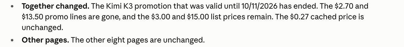 Closing message of the routine run on claude.ai. Together changed: the Kimi K3 promotion has ended, the $2.70 and $13.50 promo lines are gone, and the $3.00 and $15.00 list prices remain. The other eight pages are unchanged.