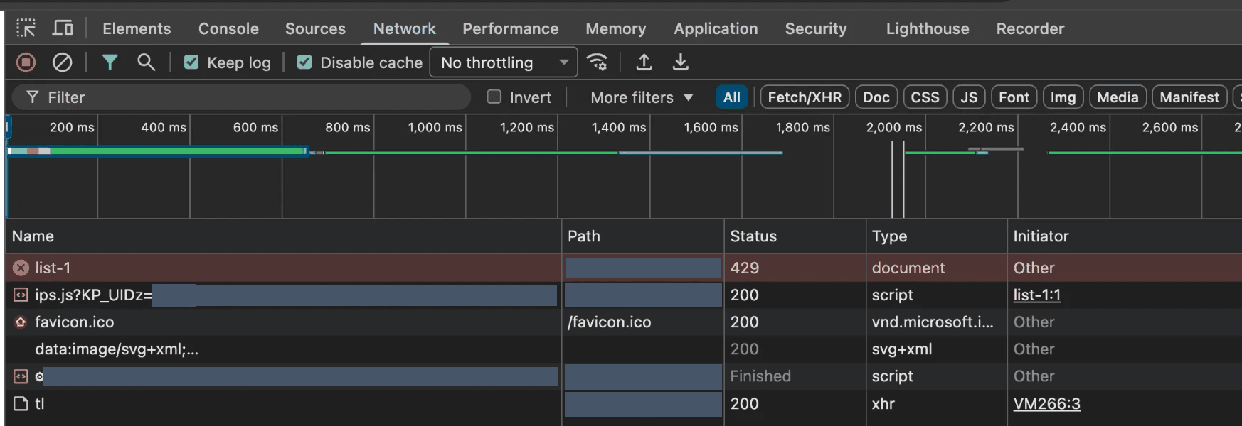DevTools Network list with a document returning status 429, then the ips.js script returning 200, started by that document.