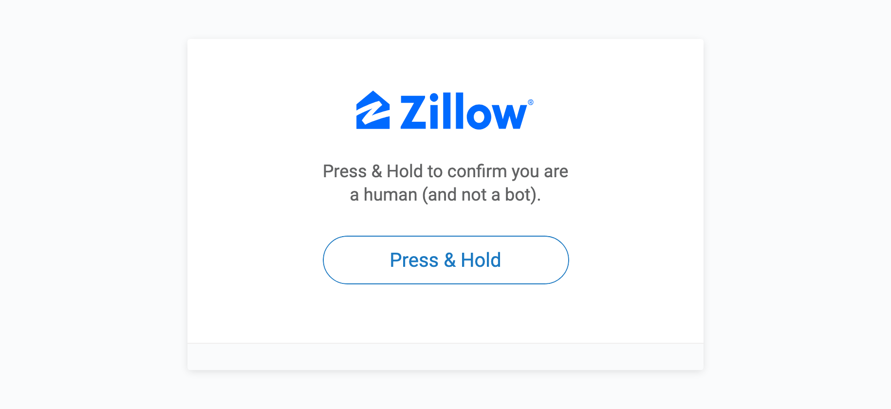 Página Press & Hold de Zillow de la protección contra bots de HUMAN. El logo de Zillow está encima del mensaje "Press & Hold to confirm you are a human (and not a bot)" y un botón Press & Hold.